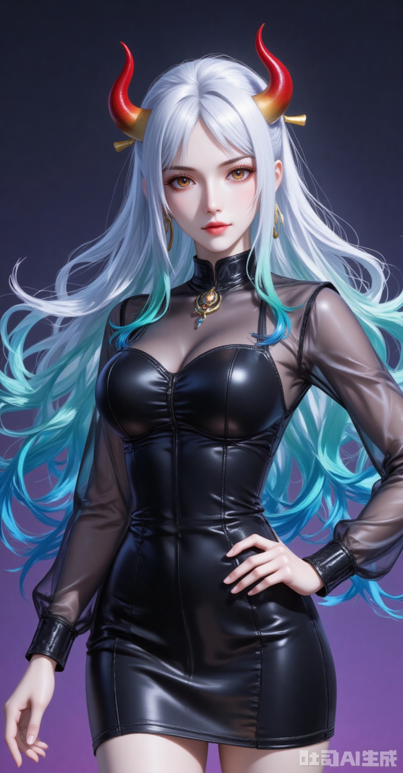 lvjing,pifu,Yamato,horns,white hair,brown eyes,multicolored hair,gradient hair,very long hair,aqua hair,fair_skin,shiny_skin,,
1girl,solo,jewelry,earrings,see-through,dress,upper body,black dress,hand on own hip,breasts,see-through sleeves, 

simple background,gradient_background,Close-up details,outstanding style,adding a touch of dimension to your images without compromising details,close-up,shou