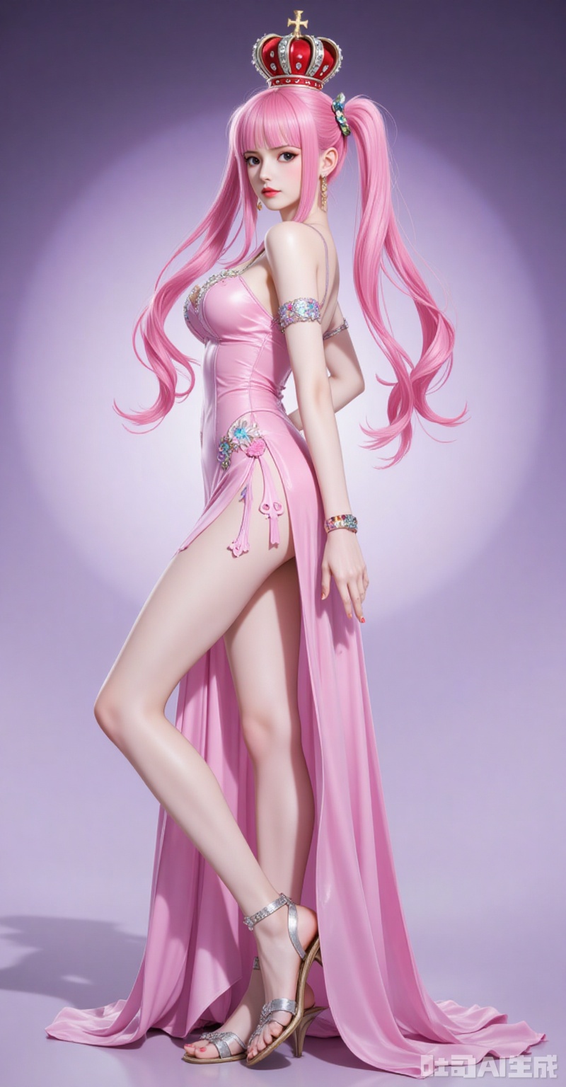 lvjing,pifu,Perona\(one piece\),crown,pink hair,black eyes,long hair,fair_skin,bangs,twintails,(blunt bangs:1.1),
1girl,dress,solo,high heels,pink dress,jewelry,breasts,full body,earrings,backless dress,standing,from side,legs,backless outfit,bare shoulders,ass,looking at viewer,armlet,sandals,bare legs,side slit,

simple background,gradient_background,Close-up details,outstanding style,adding a touch of dimension to your images without compromising details,close-up,
