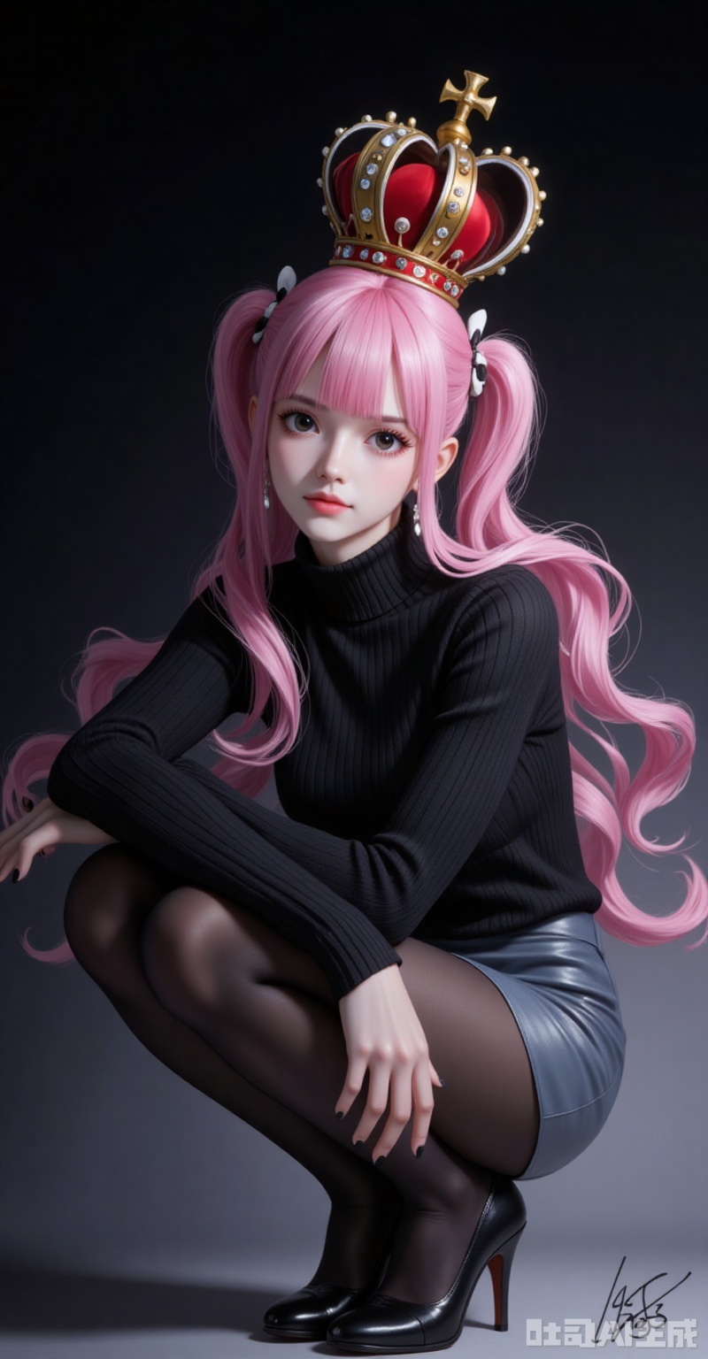 lvjing,pifu,Perona\(one piece\),crown,pink hair,black eyes,long hair,fair_skin,bangs,twintails,(blunt bangs:1.1),
 1girl,solo,pantyhose,high heels,looking at viewer,black footwear,squatting,sweater,quad tails,full body,parted lips,black sweater,earrings,signature,black nails,long sleeves,parted bangs,jewelry,pencil skirt,skirt,bangs,turtleneck,nail polish,black pantyhose,dress,(Black background:1.2),simple background,

simple background,gradient_background,Close-up details,outstanding style,adding a touch of dimension to your images without compromising details,close-up,
