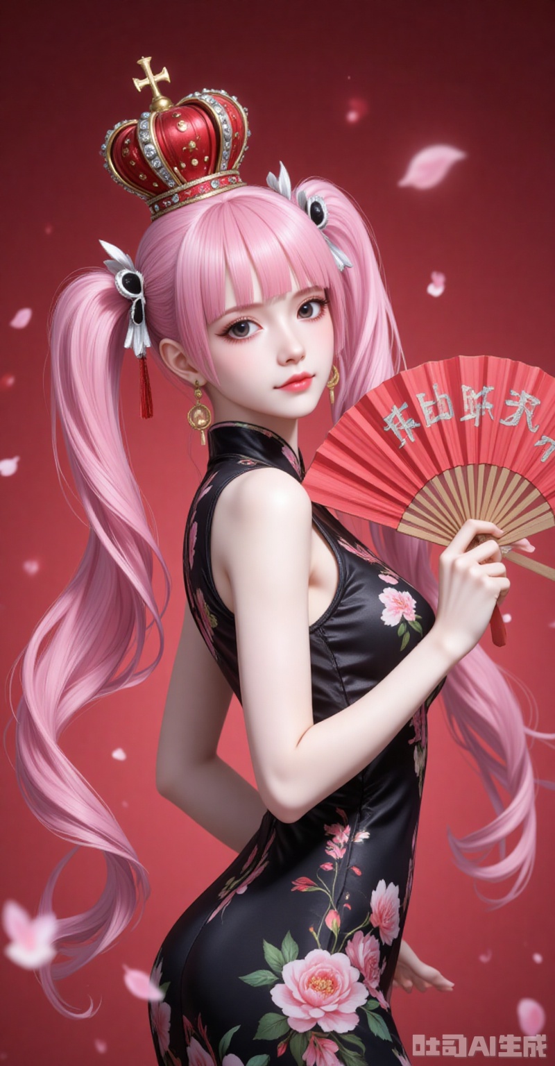 lvjing,pifu,Perona\(one piece\),crown,pink hair,black eyes,long hair,fair_skin,bangs,twintails,(blunt bangs:1.1),
1girl,dress,hand fan,holding,solo,earrings,jewelry,chinese clothes,china dress,black dress,holding fan,floral print,blurry,sleeveless,looking at viewer,sleeveless dress,red background,folding fan,standing,head tilt,2,
simple background,gradient_background,Close-up details,outstanding style,adding a touch of dimension to your images without compromising details,close-up,
