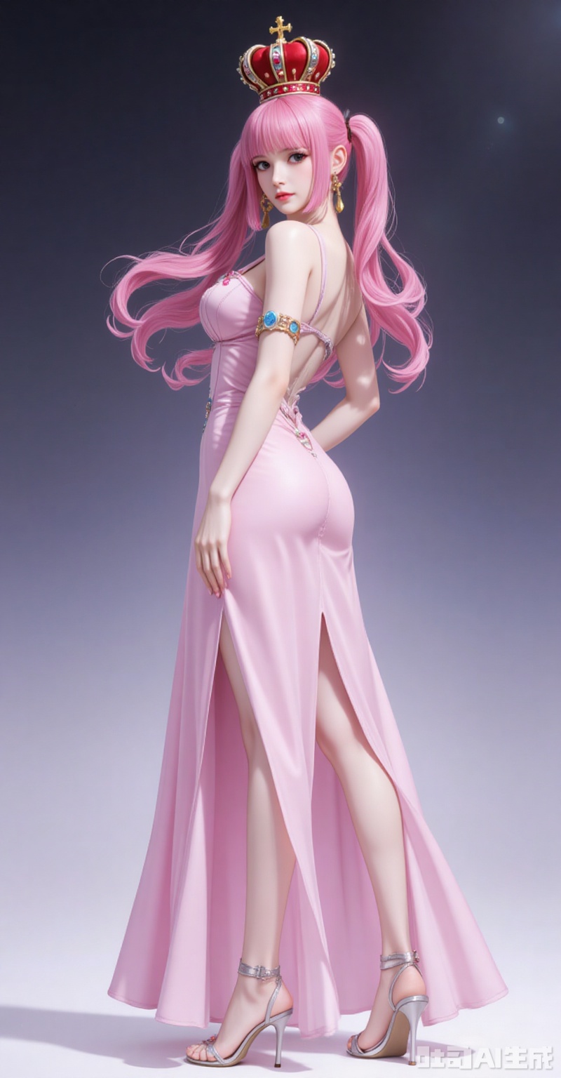 lvjing,pifu,Perona\(one piece\),crown,pink hair,black eyes,long hair,fair_skin,bangs,twintails,(blunt bangs:1.1),
1girl,dress,solo,high heels,pink dress,jewelry,breasts,full body,earrings,backless dress,standing,from side,legs,backless outfit,bare shoulders,ass,looking at viewer,armlet,sandals,bare legs,side slit,

simple background,gradient_background,Close-up details,outstanding style,adding a touch of dimension to your images without compromising details,close-up,
