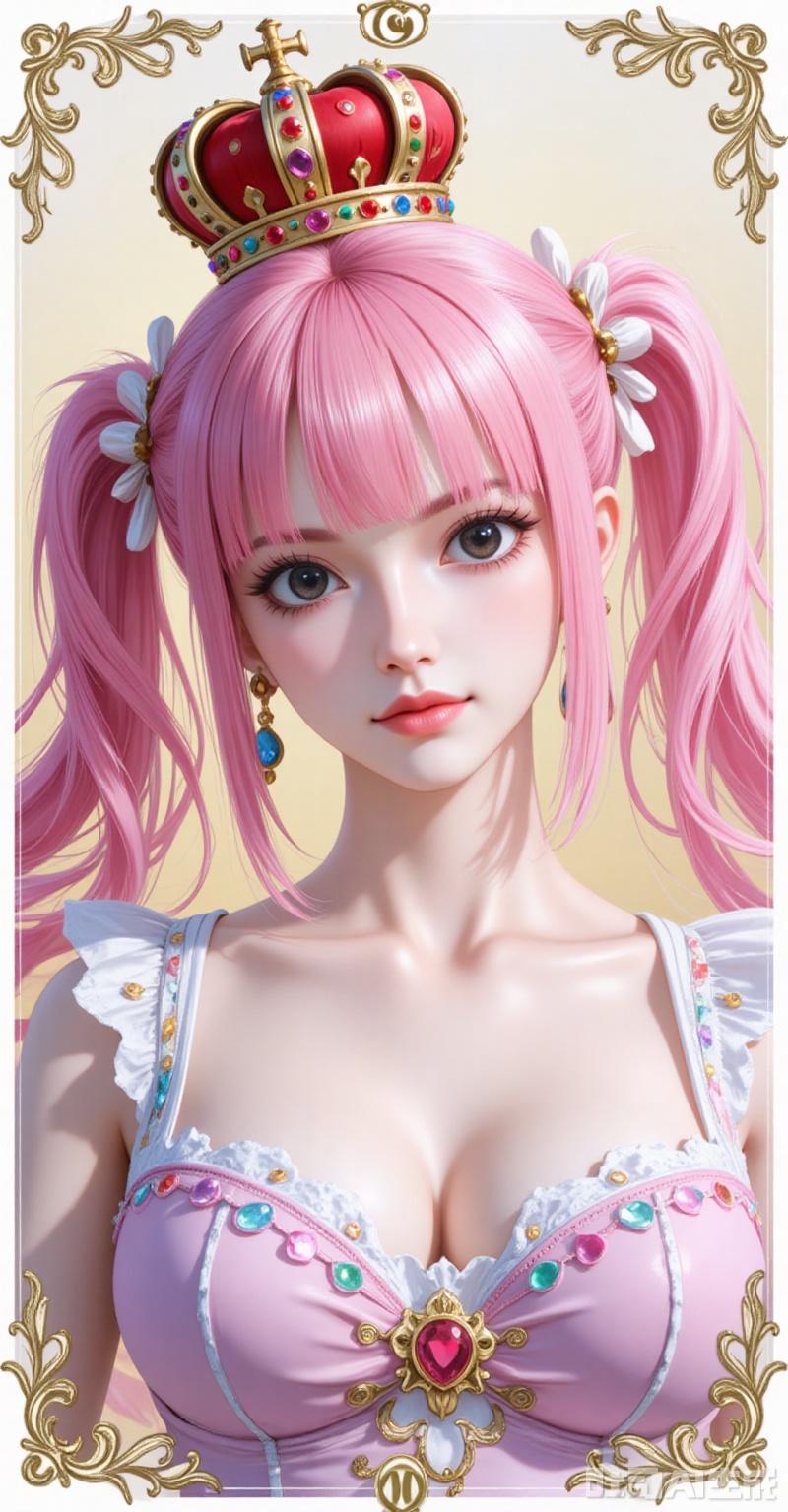 lvjing,pifu,Perona\(one piece\),crown,pink hair,black eyes,long hair,fair_skin,bangs,twintails,(blunt bangs:1.1),
1girl,solo,earrings,jewelry,looking at viewer,breasts,tarot,collarbone,upper body,dress,closed mouth,card \(medium\),tarot \(medium\),frills,border,

simple background,gradient_background,Close-up details,outstanding style,adding a touch of dimension to your images without compromising details,close-up,shou