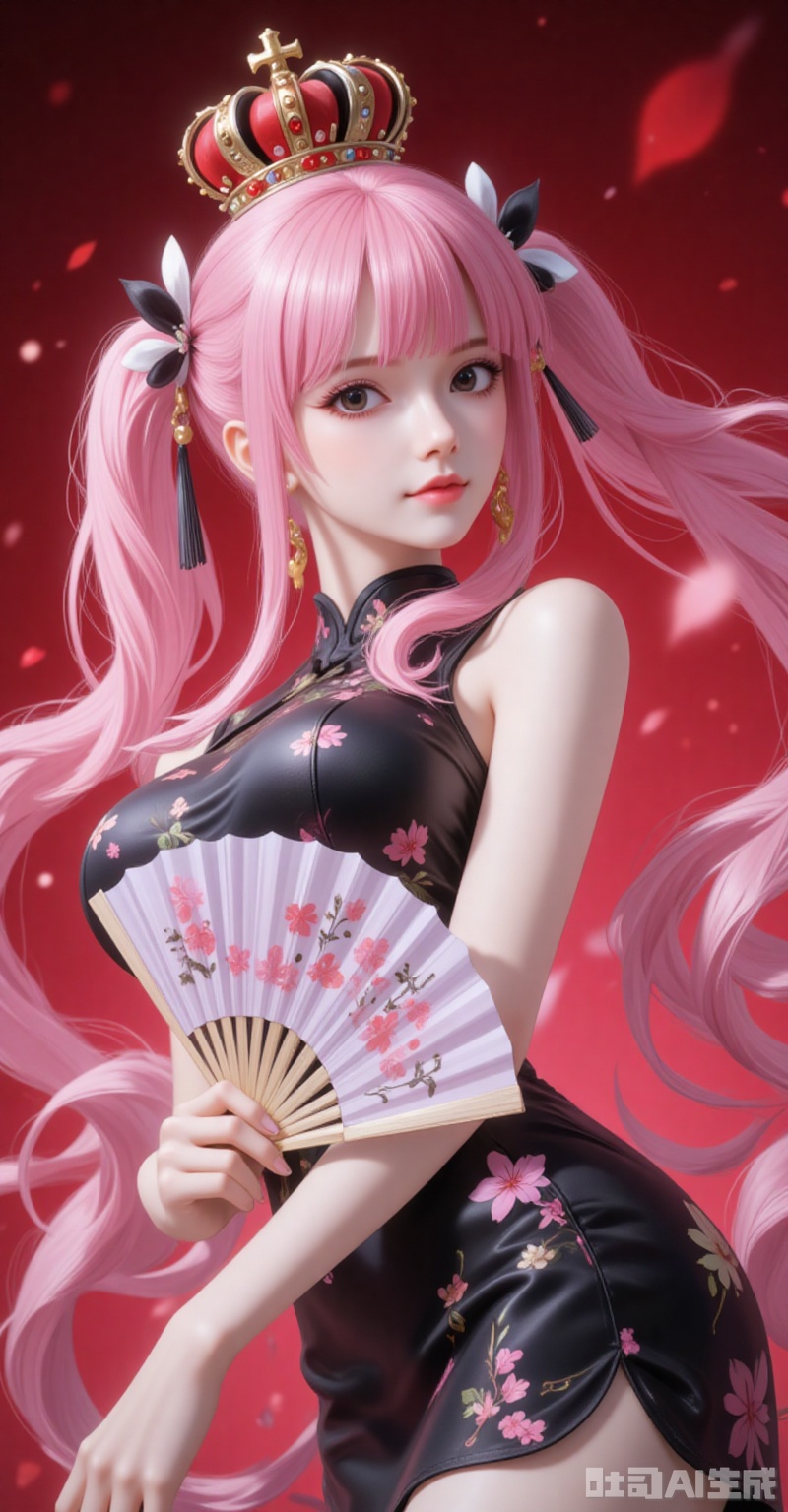 lvjing,pifu,Perona\(one piece\),crown,pink hair,black eyes,long hair,fair_skin,bangs,twintails,(blunt bangs:1.1),
1girl,dress,hand fan,holding,solo,earrings,jewelry,chinese clothes,china dress,black dress,holding fan,floral print,blurry,sleeveless,looking at viewer,sleeveless dress,red background,folding fan,standing,head tilt,2,
simple background,gradient_background,Close-up details,outstanding style,adding a touch of dimension to your images without compromising details,close-up,
