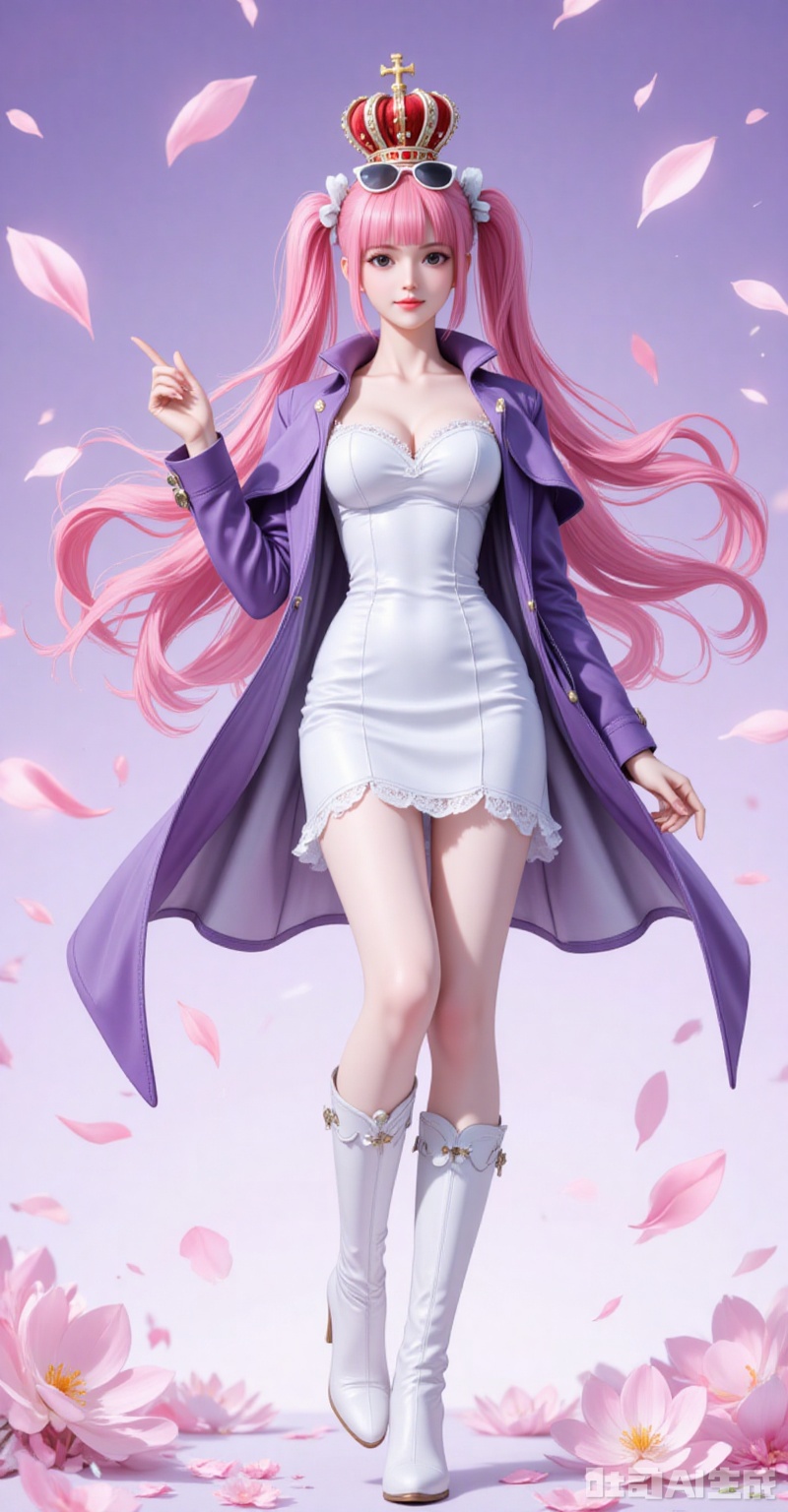 lvjing,pifu,Perona\(one piece\),crown,pink hair,black eyes,long hair,fair_skin,bangs,twintails,(blunt bangs:1.1),
1girl,eyewear on head,solo,sunglasses,high heels,dress,smile,full body,petals,coat,breasts,boots,short dress,purple coat,looking at viewer,high heel boots,long sleeves,white dress,standing,
simple background,gradient_background,Close-up details,outstanding style,adding a touch of dimension to your images without compromising details,close-up,shou