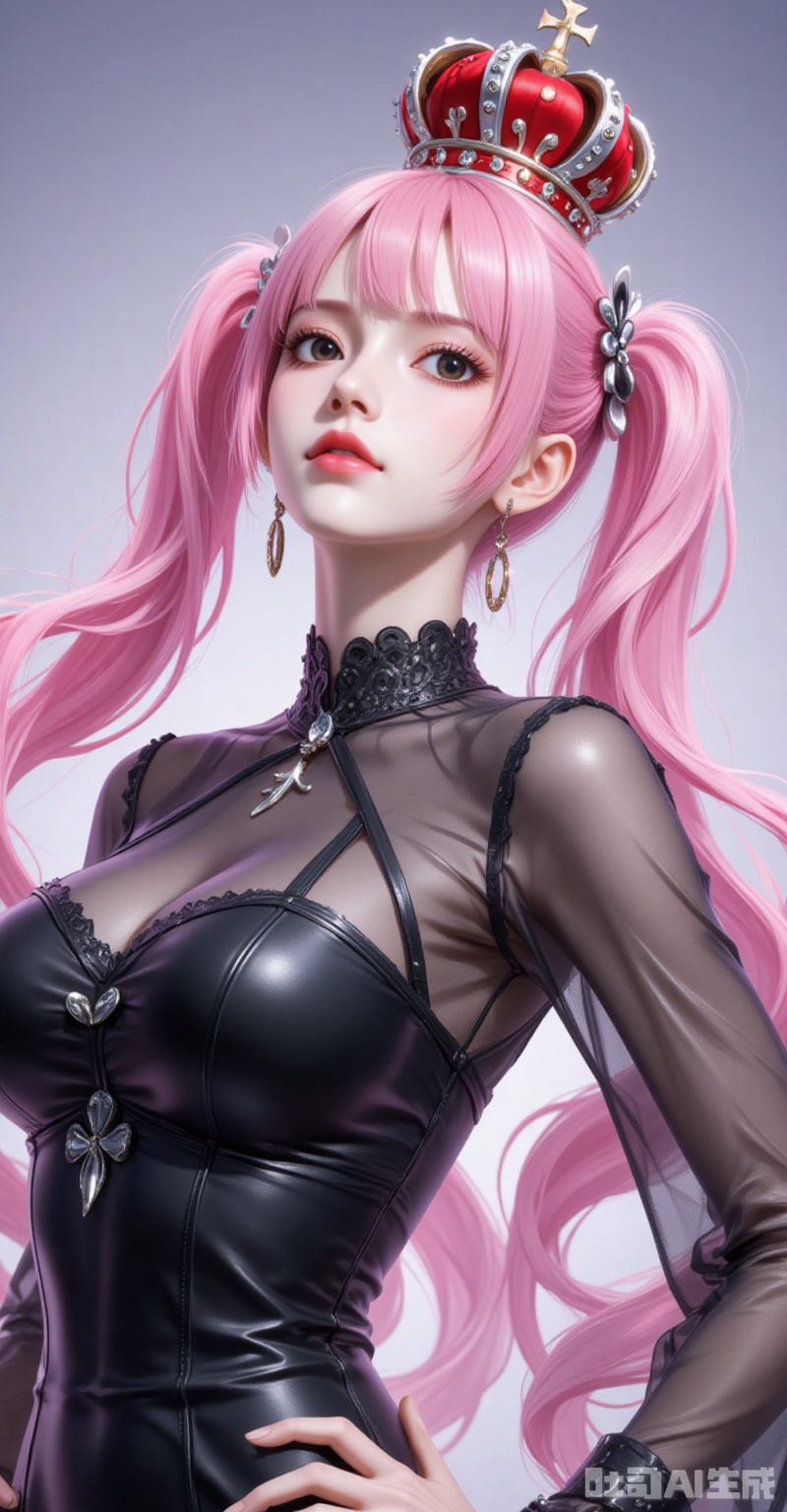 lvjing,pifu,Perona\(one piece\),crown,pink hair,black eyes,long hair,fair_skin,bangs,twintails,
1girl,solo,jewelry,earrings,see-through,dress,upper body,black dress,hand on own hip,breasts,see-through sleeves, 


simple background,gradient_background,Close-up details,outstanding style,adding a touch of dimension to your images without compromising details,close-up,
