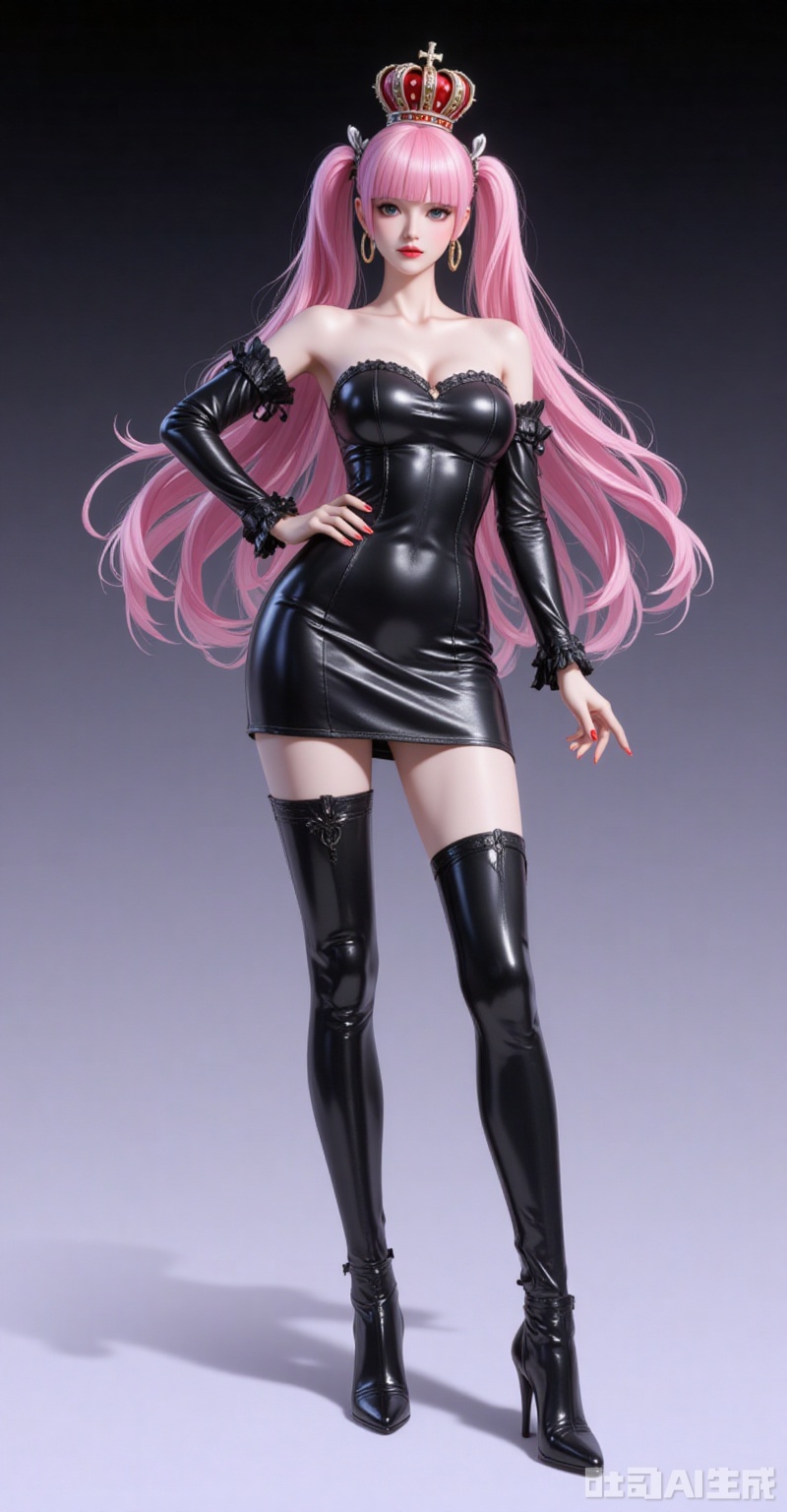 lvjing,pifu,Perona\(one piece\),crown,pink hair,black eyes,long hair,fair_skin,bangs,twintails,(blunt bangs:1.1),
1girl,solo,dress,earrings,jewelry,boots,long hair,hand on own hip,thigh boots,full body,black footwear,latex,black dress,detached sleeves,bare shoulders,strapless,short dress,thighhighs,shiny clothes,looking at viewer,strapless dress,standing,hoop earrings,breasts,red lips,nail polish,high heels,leather,pencil dress,high heel boots,

simple background,gradient_background,Close-up details,outstanding style,adding a touch of dimension to your images without compromising details,close-up,shou