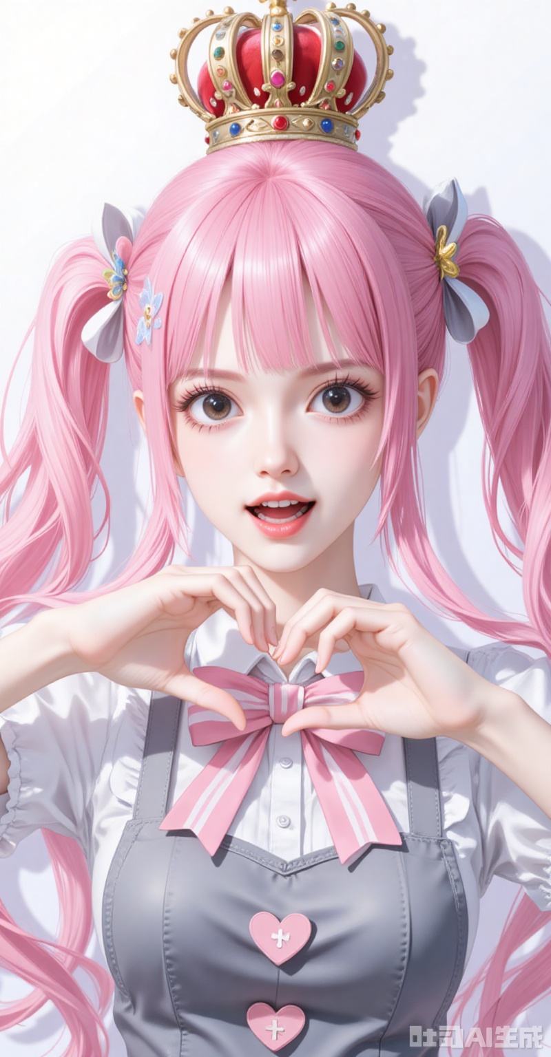 lvjing,pifu,Perona\(one piece\),crown,pink hair,black eyes,long hair,fair_skin,bangs,twintails,(blunt bangs:1.1),
1girl,solo,bandaid on hand,butterfly hair ornament,heart,long hair,apron,open mouth,pink bowtie,hair ornament,white background,pink bow,short sleeves,dress,simple background,bow,striped bow,hair between eyes,shadow,puffy sleeves,frills,puffy short sleeves,heart hands,bowtie,hands up,grey apron,smile,looking at viewer,striped bowtie,symbol-shaped pupils,heart-shaped pupils,symbol in eye,grey bow,

simple background,gradient_background,Close-up details,outstanding style,adding a touch of dimension to your images without compromising details,close-up,shou