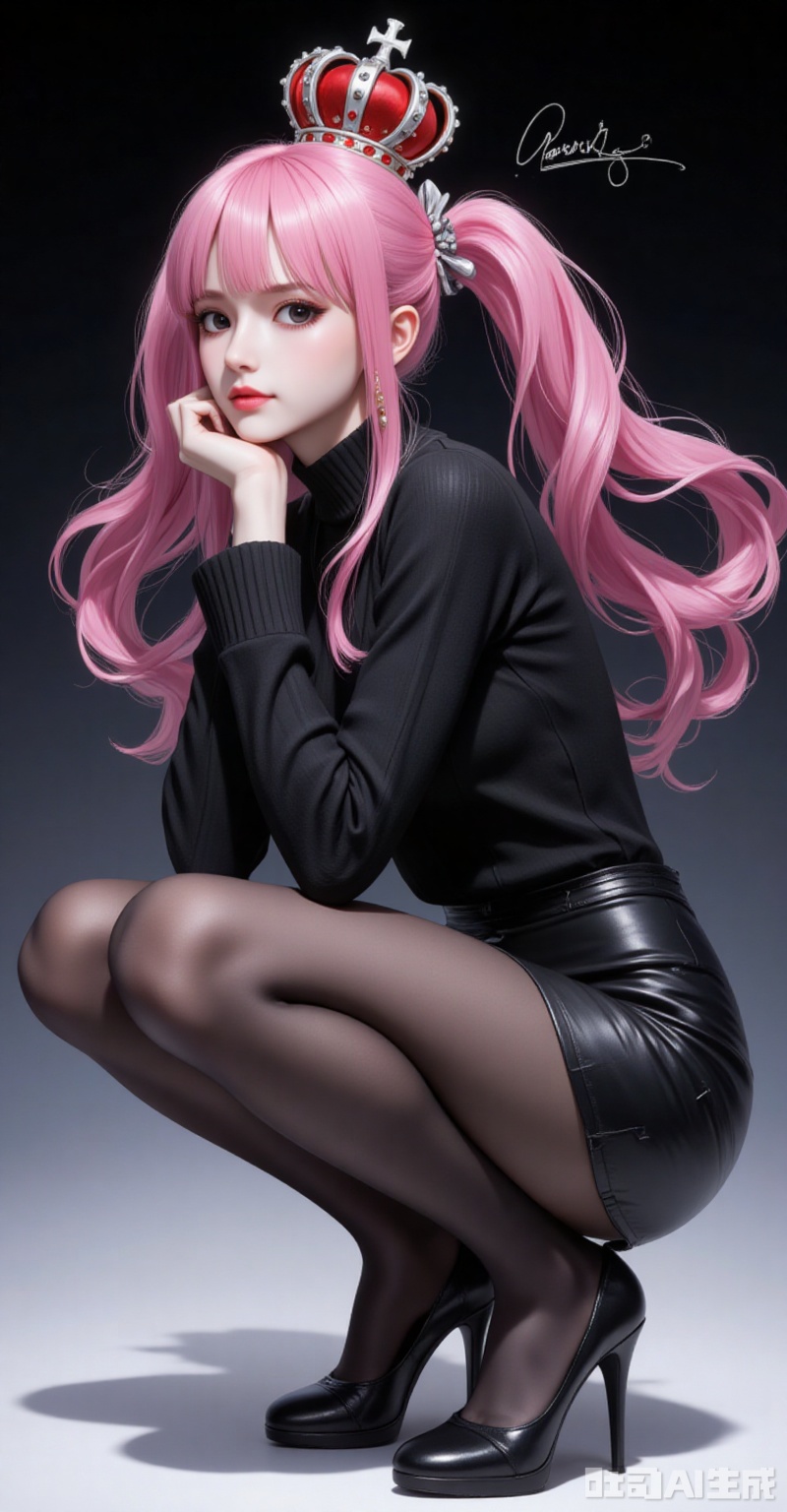 lvjing,pifu,Perona\(one piece\),crown,pink hair,black eyes,long hair,fair_skin,bangs,twintails,(blunt bangs:1.1),
 1girl,solo,pantyhose,high heels,looking at viewer,black footwear,squatting,sweater,quad tails,full body,parted lips,black sweater,earrings,signature,black nails,long sleeves,parted bangs,jewelry,pencil skirt,skirt,bangs,turtleneck,nail polish,black pantyhose,dress,(Black background:1.2),simple background,

simple background,gradient_background,Close-up details,outstanding style,adding a touch of dimension to your images without compromising details,close-up,
