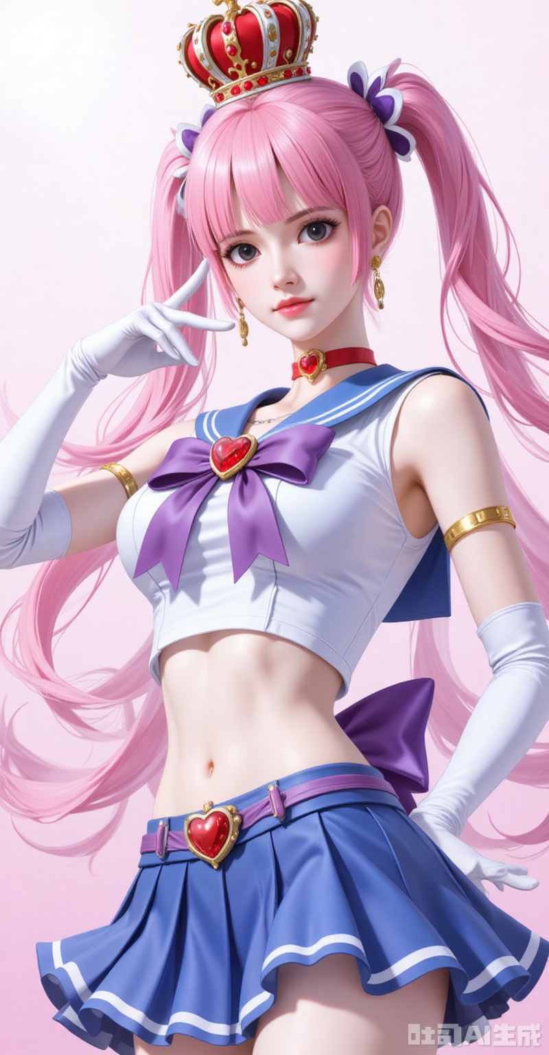 lvjing,pifu,Perona\(one piece\),crown,pink hair,black eyes,long hair,fair_skin,bangs,twintails,(blunt bangs:1.1),
1girl,sailor senshi uniform,solo,jewelry,skirt,gloves,earrings,blue skirt,white gloves,sailor collar,bow,breasts,choker,elbow gloves,magical girl,back bow,covered navel,pleated skirt,looking at viewer,brooch,purple bow,heart brooch,red choker,miniskirt,closed mouth,large breasts,collarbone,red gemstone,tiara,cowboy shot,
simple background,gradient_background,Close-up details,outstanding style,adding a touch of dimension to your images without compromising details,close-up,shou
