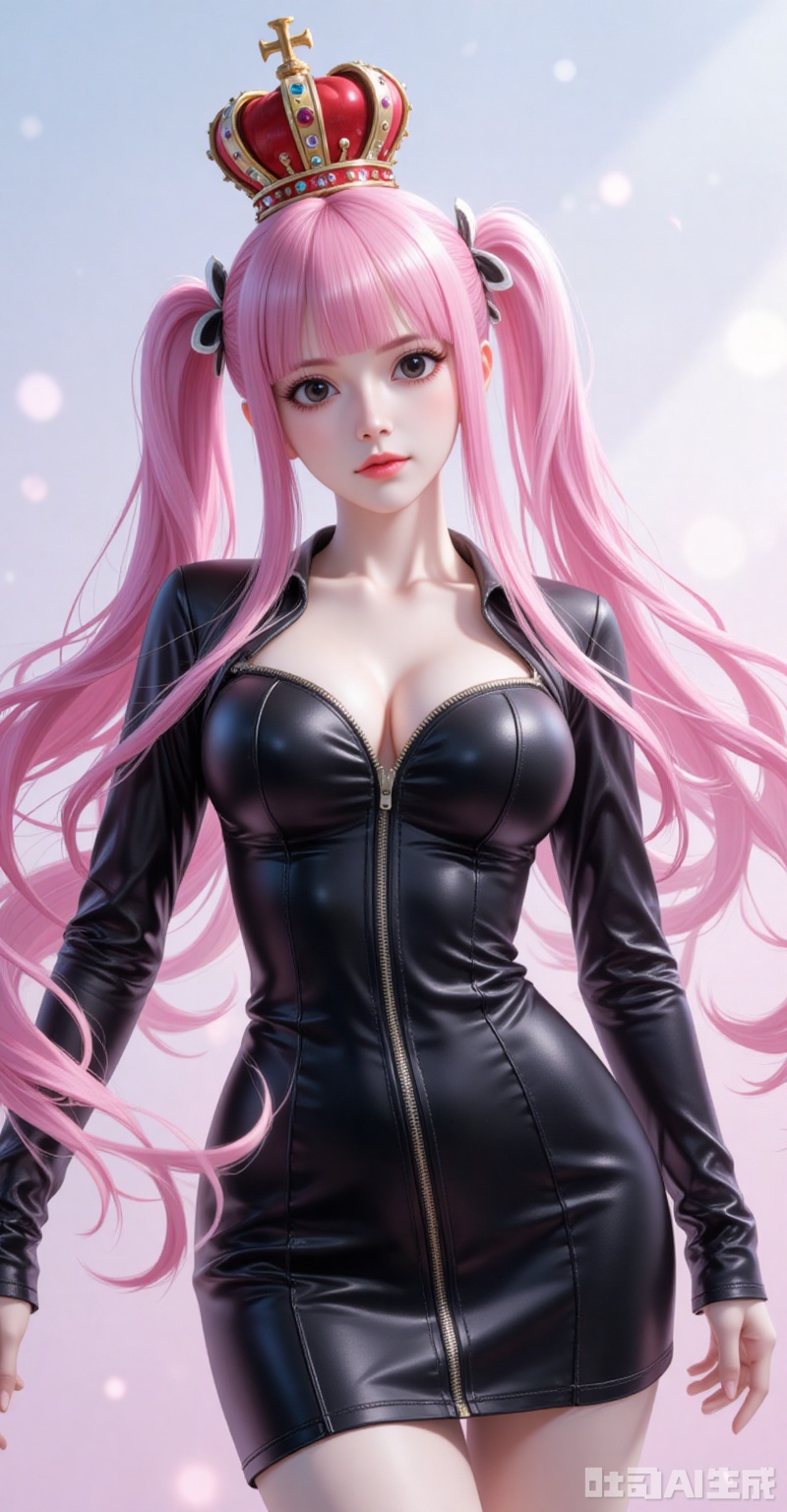 lvjing,pifu,Perona\(one piece\),crown,pink hair,black eyes,long hair,fair_skin,bangs,twintails,(blunt bangs:1.1),
1girl,solo,breasts,cleavage,dress,large breasts,black dress,cowboy shot,partially unzipped,short dress,zipper,looking at viewer,long sleeves,simple background,arms at sides,

simple background,gradient_background,Close-up details,outstanding style,adding a touch of dimension to your images without compromising details,close-up,shou
