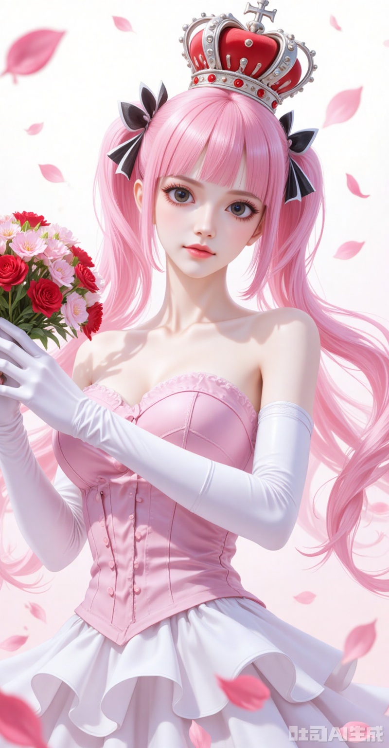 lvjing,pifu,Perona\(one piece\),crown,pink hair,black eyes,long hair,fair_skin,bangs,twintails,(blunt bangs:1.1),
elbow_gloves,frilled_skirt,holding_bouquet,highres,cherry_blossoms,strapless_dress,white_gloves,looking_at_viewer,red_flower,solo,collarbone,own_hands_together,:d,white_background,backlighting,black_bow,bare_shoulders,frilled_dress,hair_bow,wedding_dress,commentary_request,1girl,petals,simple_background,blush,cowboy_shot,

simple background,gradient_background,Close-up details,outstanding style,adding a touch of dimension to your images without compromising details,close-up,shou