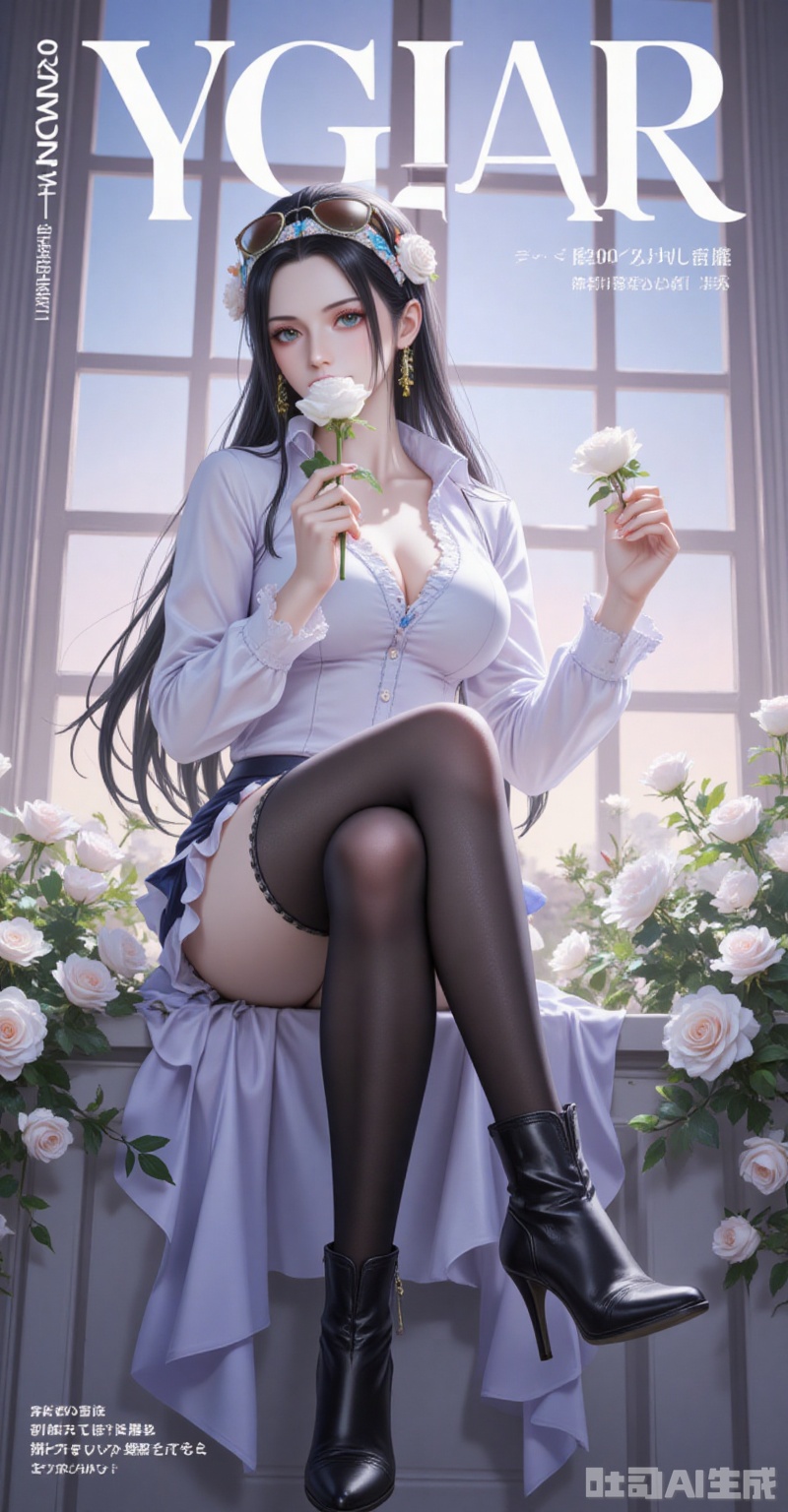 lvjing,pifu,luobin,lvjing,luobin,long hair,eyewear on head,black hair,blue eyes,long hair,eyewear on head,fair_skin,
1girl,flower,solo,breasts,thighhighs,hair flower,high heels,boots,sitting,rose,white flower,window,hair ornament,cleavage,holding flower,black footwear,black thighhighs,high heel boots,single thighhigh,shirt,holding,white rose,looking at viewer,hairband,white shirt,frills,full body,black flower,
cover,simple background,gradient_background,Close-up details,outstanding style,adding a touch of dimension to your images without compromising details,close-up,

