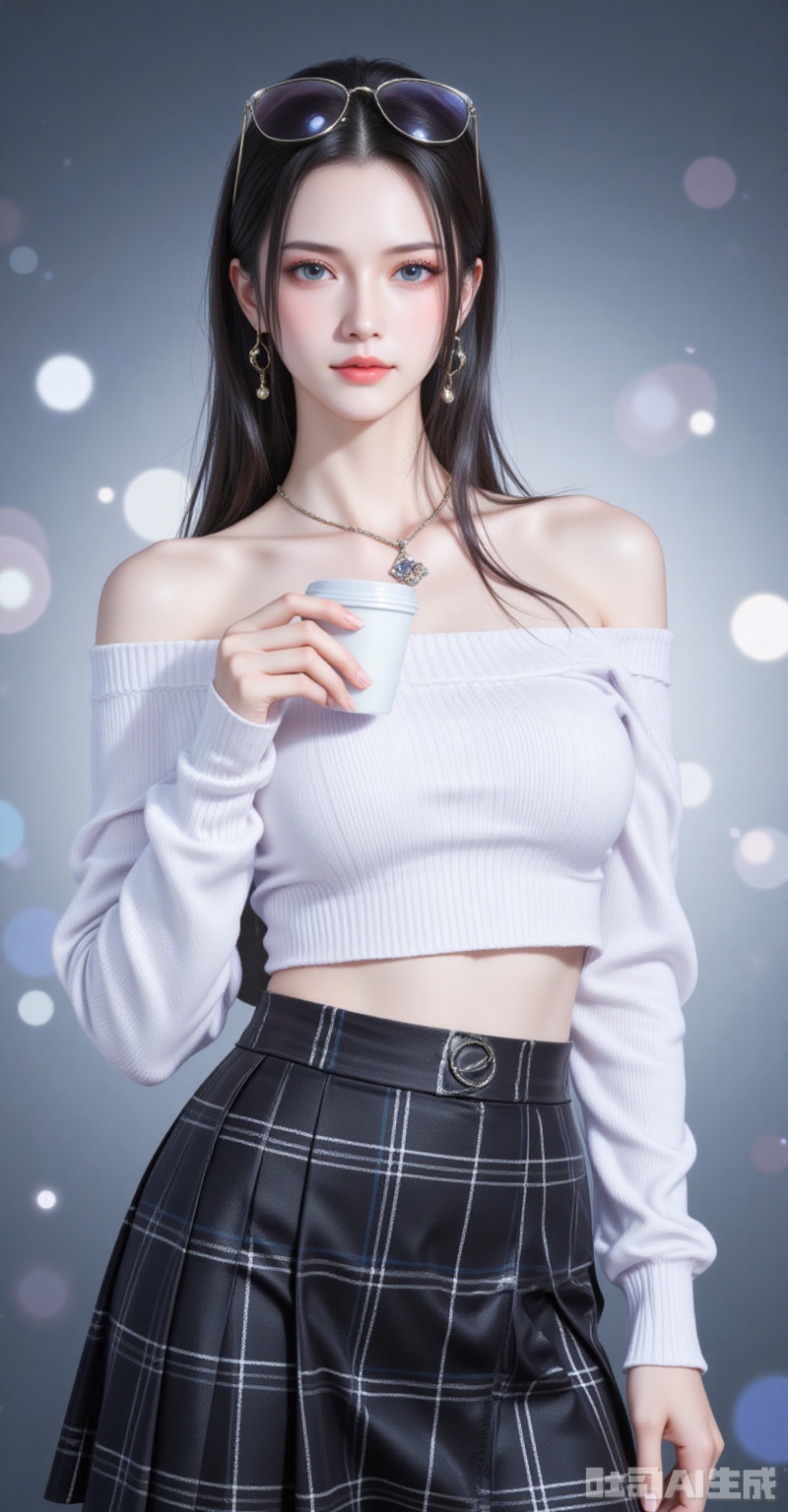 lvjing,pifu,luobin,lvjing,luobin,long hair,eyewear on head,black hair,blue eyes,long hair,eyewear on head,fair_skin,
1girl,solo,skirt,off shoulder,off-shoulder sweater,jewelry,white sweater,necklace,cup,bare shoulders,holding,sweater,disposable cup,breasts,black skirt,plaid skirt,collarbone,plaid,blurry background,crop top,holding cup,blurry,midriff,long sleeves,large breasts,

cover,simple background,gradient_background,Close-up details,outstanding style,adding a touch of dimension to your images without compromising details,close-up,
