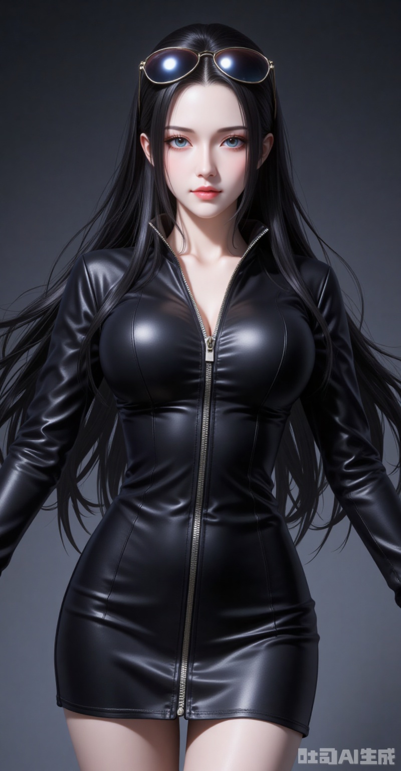lvjing,pifu,luobin,lvjing,luobin,long hair,eyewear on head,black hair,blue eyes,long hair,eyewear on head,fair_skin,
1girl,solo,breasts,cleavage,dress,large breasts,black dress,cowboy shot,partially unzipped,short dress,zipper,looking at viewer,long sleeves,simple background,arms at sides,

cover,simple background,gradient_background,Close-up details,outstanding style,adding a touch of dimension to your images without compromising details,close-up,
