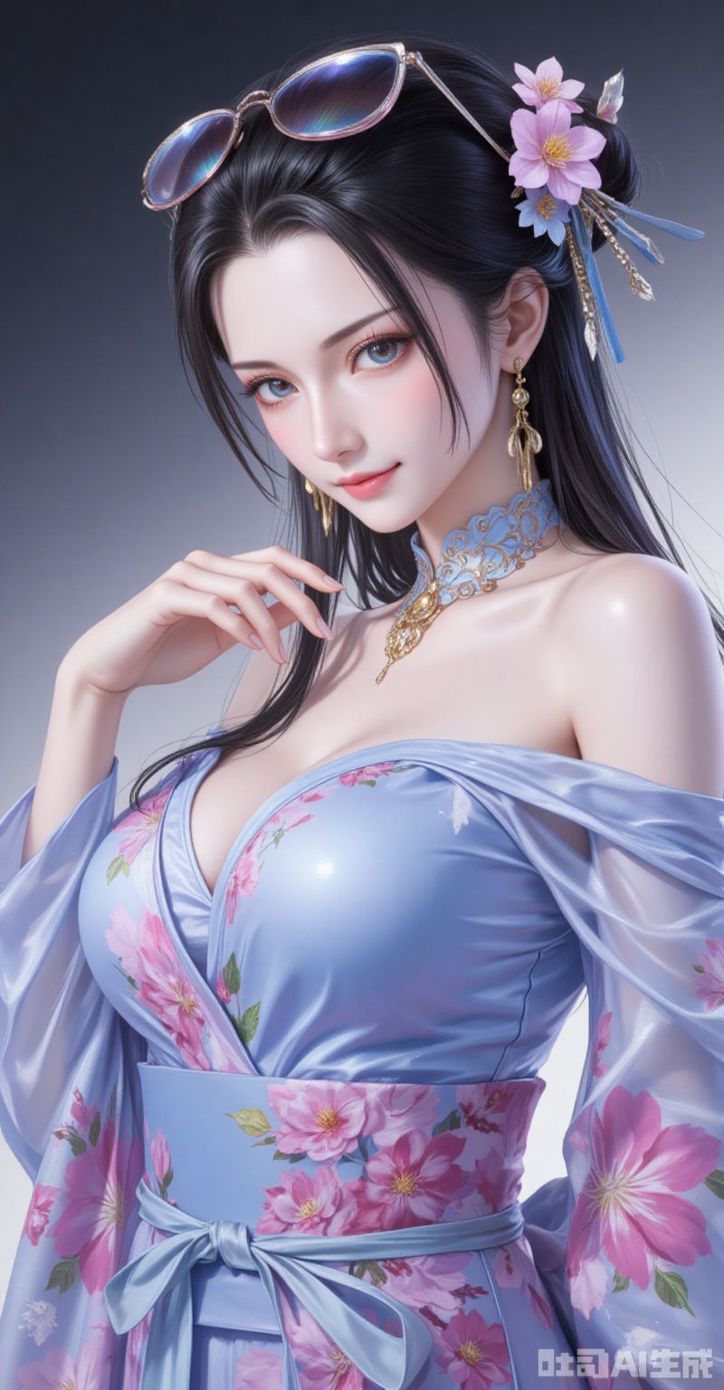 lvjing,pifu,luobin,lvjing,luobin,long hair,eyewear on head,black hair,blue eyes,long hair,eyewear on head,fair_skin,
1girl,breasts,solo,japanese clothes,hair ornament,kimono,flower,hair flower,sash,blue kimono,large breasts,choker,looking at viewer,cleavage,bare shoulders,obi,off shoulder,earrings,smile,jewelry,floral print,closed mouth,makeup,from side,long sleeves,cover,simple background,gradient_background,Close-up details,outstanding style,adding a touch of dimension to your images without compromising details,close-up,
