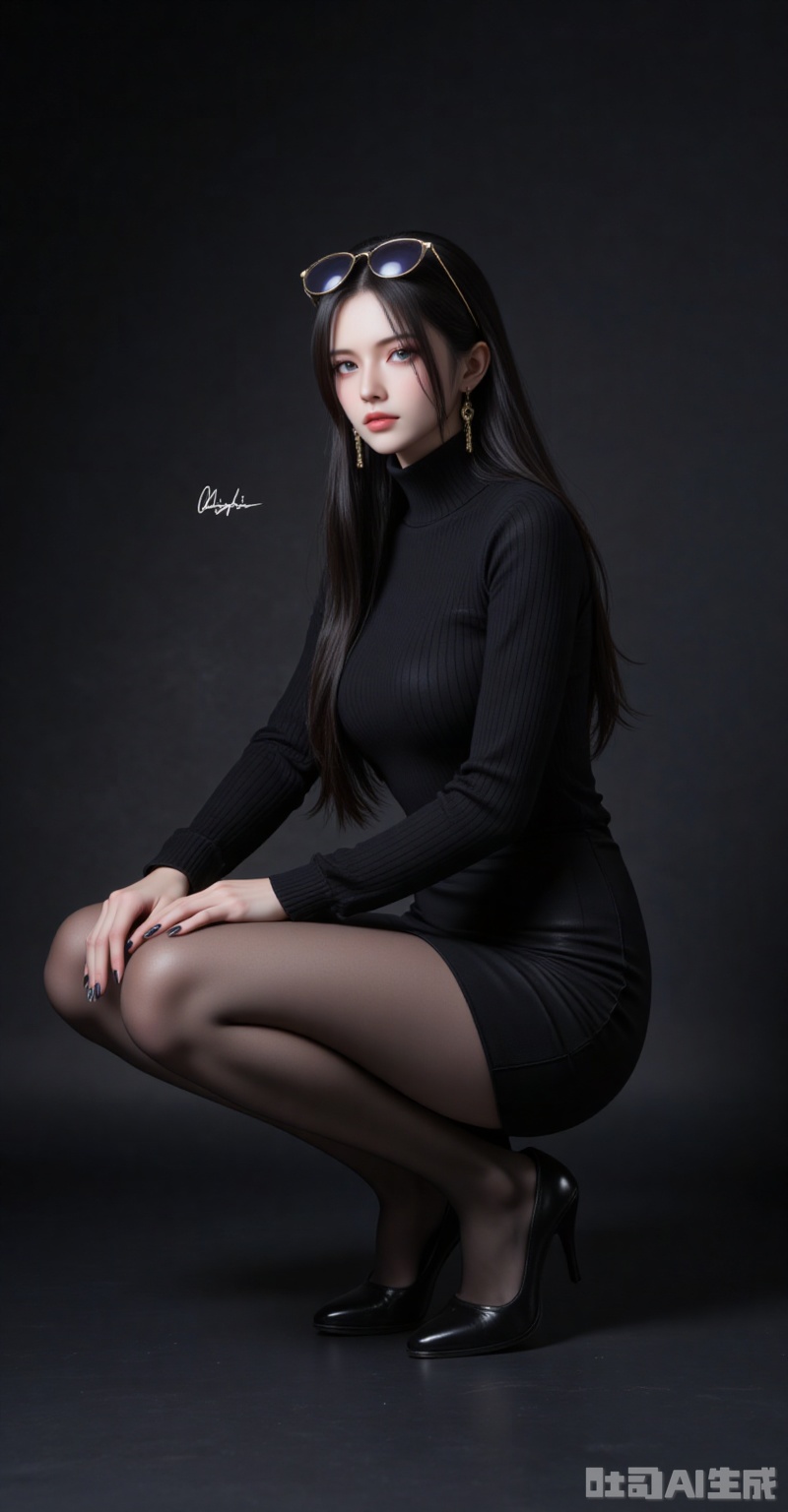 lvjing,pifu,luobin,lvjing,luobin,long hair,eyewear on head,black hair,blue eyes,long hair,eyewear on head,fair_skin,
1girl,solo,pantyhose,high heels,looking at viewer,black footwear,squatting,sweater,quad tails,full body,parted lips,black sweater,earrings,signature,black nails,long sleeves,parted bangs,jewelry,pencil skirt,skirt,bangs,turtleneck,nail polish,black pantyhose,dress,(Black background:1.2),simple background,


cover,simple background,gradient_background,Close-up details,outstanding style,adding a touch of dimension to your images without compromising details,close-up,
