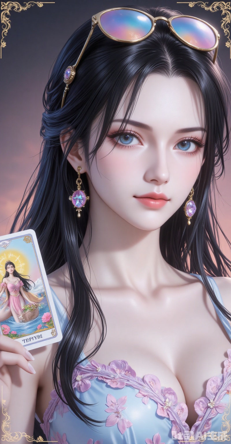 lvjing,pifu,luobin,lvjing,luobin,long hair,eyewear on head,black hair,blue eyes,long hair,eyewear on head,fair_skin,
1girl,solo,earrings,jewelry,looking at viewer,breasts,tarot,collarbone,upper body,dress,closed mouth,card \(medium\),tarot \(medium\),frills,border,from_side
cover,simple background,gradient_background,Close-up details,outstanding style,adding a touch of dimension to your images without compromising details,close-up,

