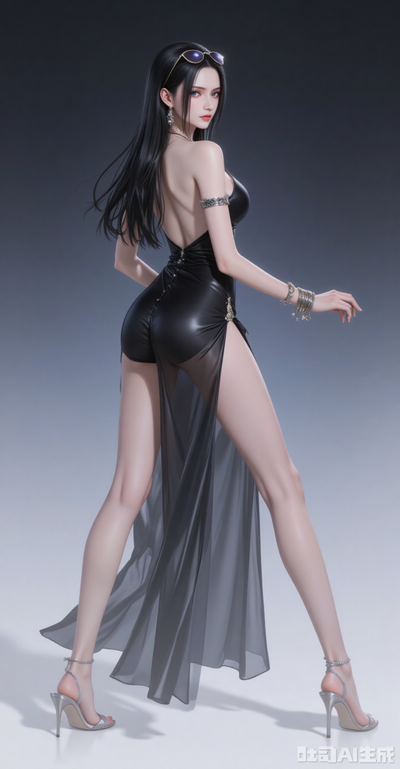 lvjing,pifu,luobin,lvjing,luobin,long hair,eyewear on head,black hair,blue eyes,long hair,eyewear on head,fair_skin,
1girl,dress,solo,high heels,black dress,jewelry,breasts,full body,earrings,backless dress,standing,from side,legs,backless outfit,bare shoulders,ass,looking at viewer,armlet,sandals,bare legs,side slit,


cover,simple background,gradient_background,Close-up details,outstanding style,adding a touch of dimension to your images without compromising details,close-up,
