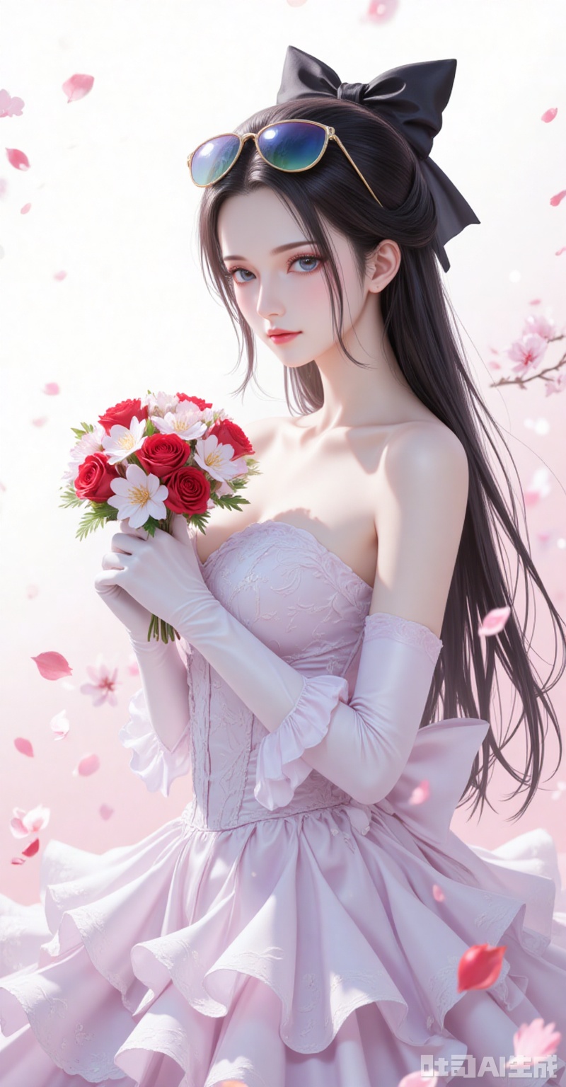 lvjing,pifu,luobin,lvjing,luobin,long hair,eyewear on head,black hair,blue eyes,long hair,eyewear on head,fair_skin,
elbow_gloves,frilled_skirt,holding_bouquet,highres,cherry_blossoms,strapless_dress,white_gloves,looking_at_viewer,red_flower,solo,collarbone,own_hands_together,:d,white_background,backlighting,black_bow,bare_shoulders,frilled_dress,hair_bow,wedding_dress,commentary_request,1girl,petals,simple_background,blush,cowboy_shot,

cover,simple background,gradient_background,Close-up details,outstanding style,adding a touch of dimension to your images without compromising details,close-up,
