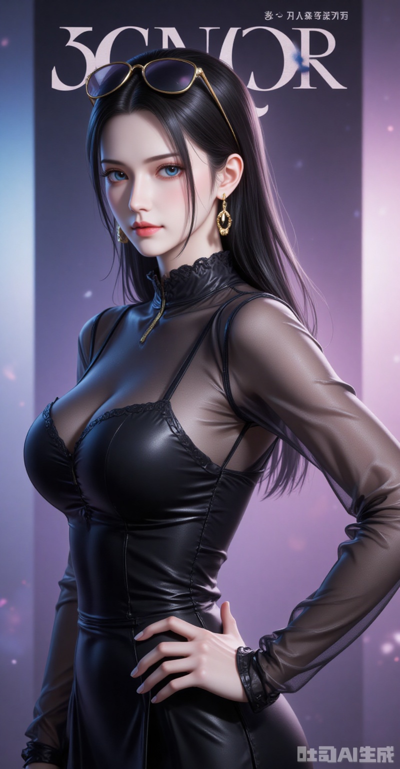 lvjing,pifu,luobin,lvjing,luobin,long hair,eyewear on head,black hair,blue eyes,long hair,eyewear on head,fair_skin,
1girl,solo,jewelry,earrings,see-through,dress,upper body,black dress,hand on own hip,breasts,see-through sleeves,
cover,simple background,gradient_background,Close-up details,outstanding style,adding a touch of dimension to your images without compromising details,close-up,
