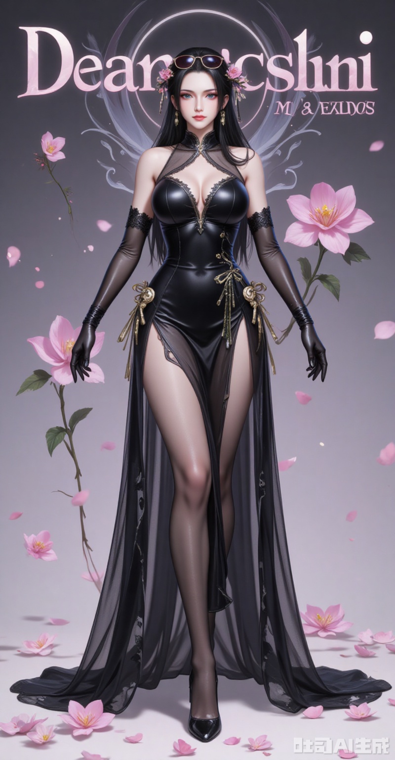 lvjing,pifu,luobin,lvjing,luobin,long hair,eyewear on head,black hair,blue eyes,long hair,eyewear on head,fair_skin,
1girl,breasts,solo,dress,gloves,large breasts,black dress,elbow gloves,full body,chinese clothes,black footwear,flower,bare shoulders,china dress,looking at viewer,official alternate costume,hair flower,high heels,standing,hair ornament,pelvic curtain,body_stocking,black gloves,cleavage,see-through,mole,lace-trimmed gloves,
cover,simple background,gradient_background,Close-up details,outstanding style,adding a touch of dimension to your images without compromising details,close-up,
