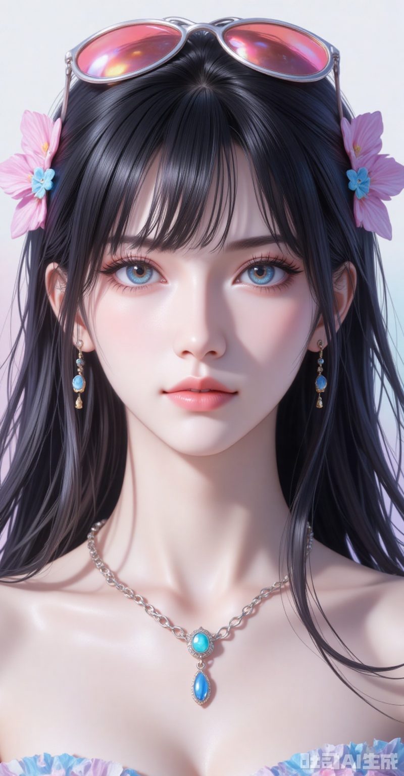 luobin,baoshi,lvjing,luobin,lvjing,luobin,long hair,eyewear on head,black hair,blue eyes,long hair,eyewear on head,1girl,solo,jewelry,necklace,earrings,looking at viewer,simple background,closed mouth,collarbone,white background,bangs,portrait,bare shoulders,eyelashes,simple background,gradient_background,Close-up details,outstanding style,adding a touch of dimension to your images without compromising details,absurdres,colorful,

