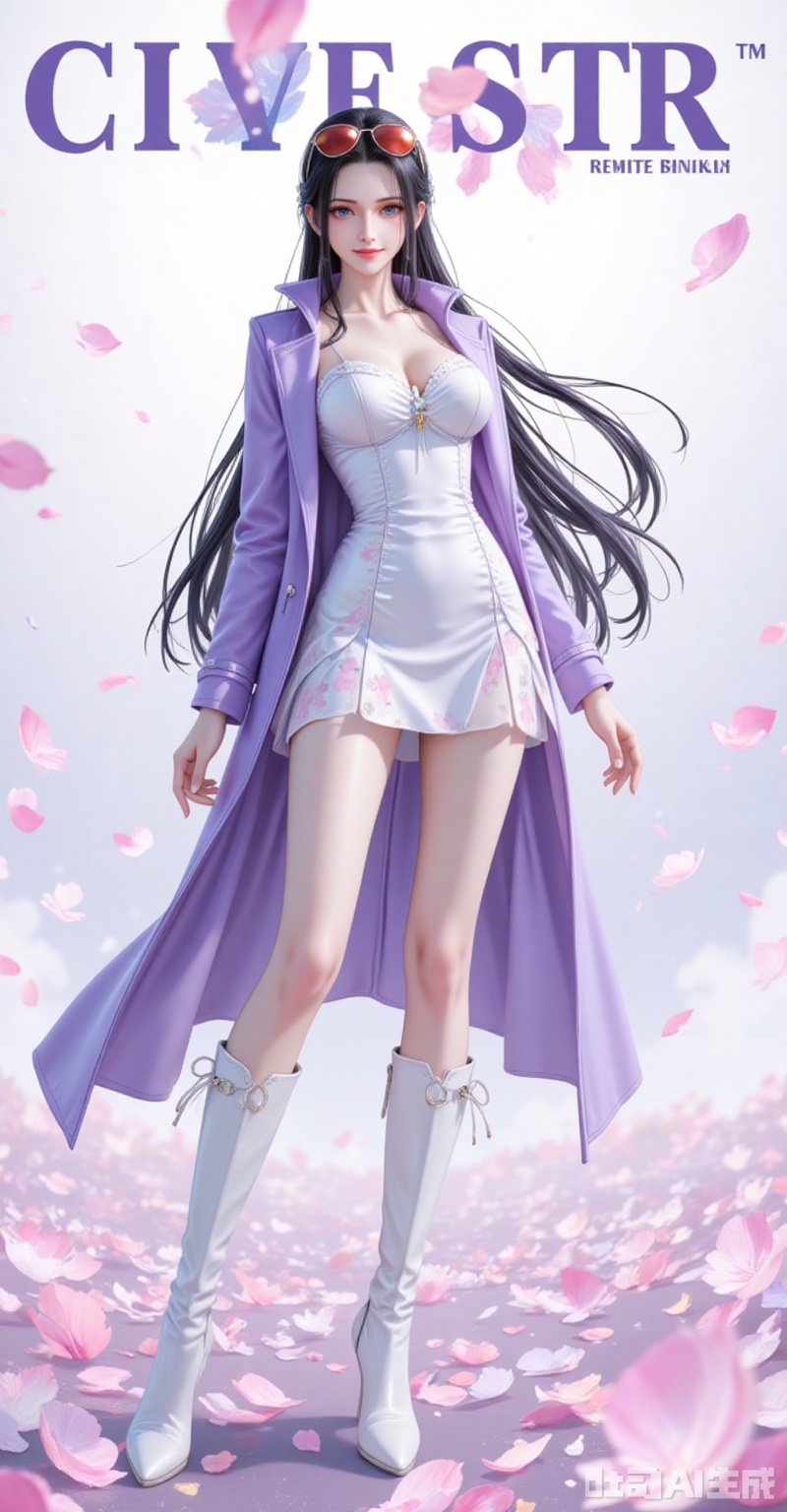 lvjing,pifu,luobin,lvjing,luobin,long hair,eyewear on head,black hair,blue eyes,long hair,eyewear on head,fair_skin,
1girl,eyewear on head,solo,sunglasses,high heels,dress,smile,full body,petals,coat,breasts,boots,short dress,purple coat,looking at viewer,high heel boots,long sleeves,white dress,standing,

cover,simple background,gradient_background,Close-up details,outstanding style,adding a touch of dimension to your images without compromising details,close-up,
