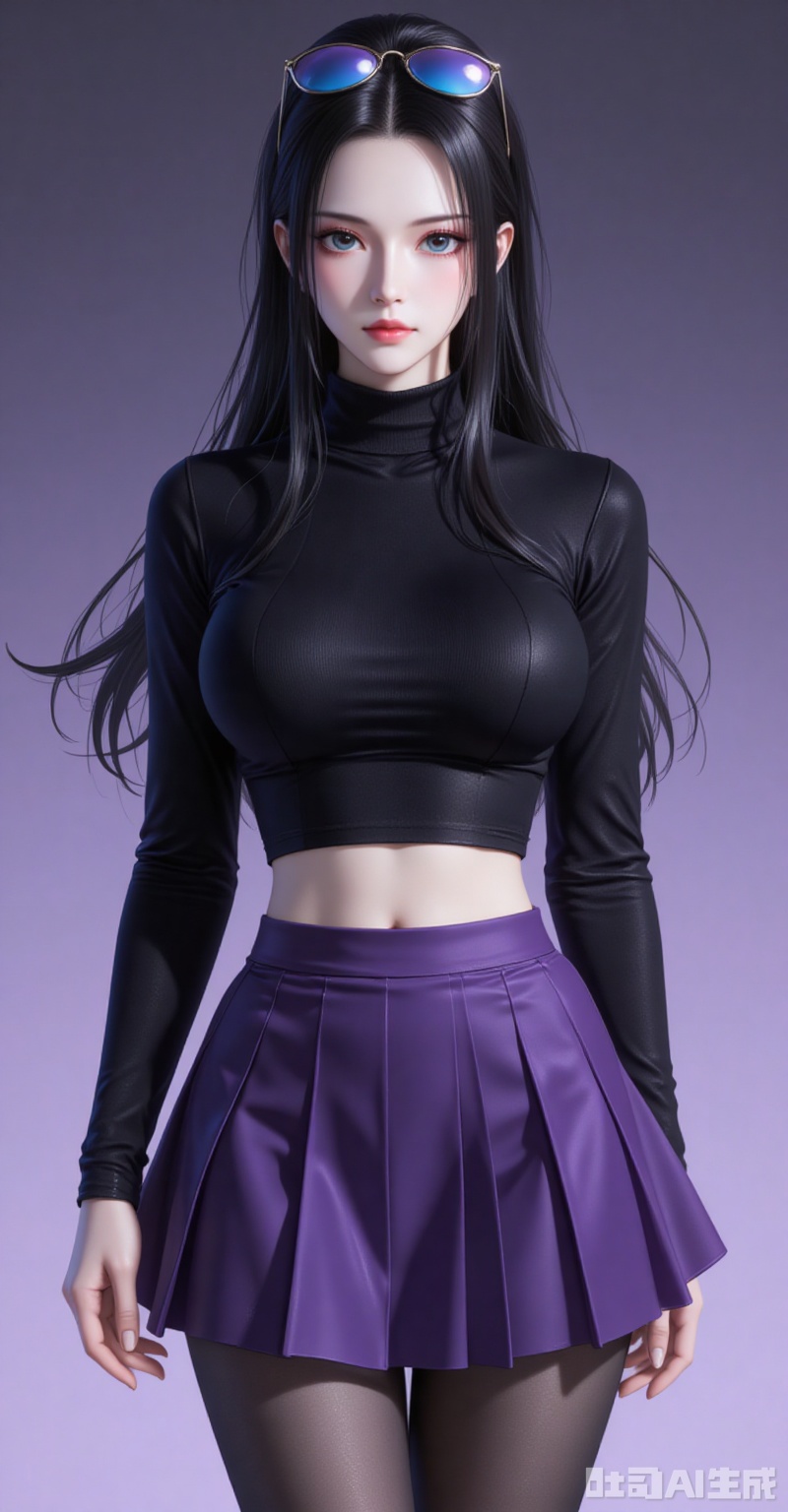 lvjing,pifu,luobin,lvjing,luobin,long hair,eyewear on head,black hair,blue eyes,long hair,eyewear on head,fair_skin,
1girl,breasts,skirt,solo,pantyhose,large breasts,purple skirt,covered navel,long sleeves,taut clothes,miniskirt,pleated skirt,turtleneck,black shirt,shirt,black pantyhose,taut shirt, 

cover,simple background,gradient_background,Close-up details,outstanding style,adding a touch of dimension to your images without compromising details,close-up,
