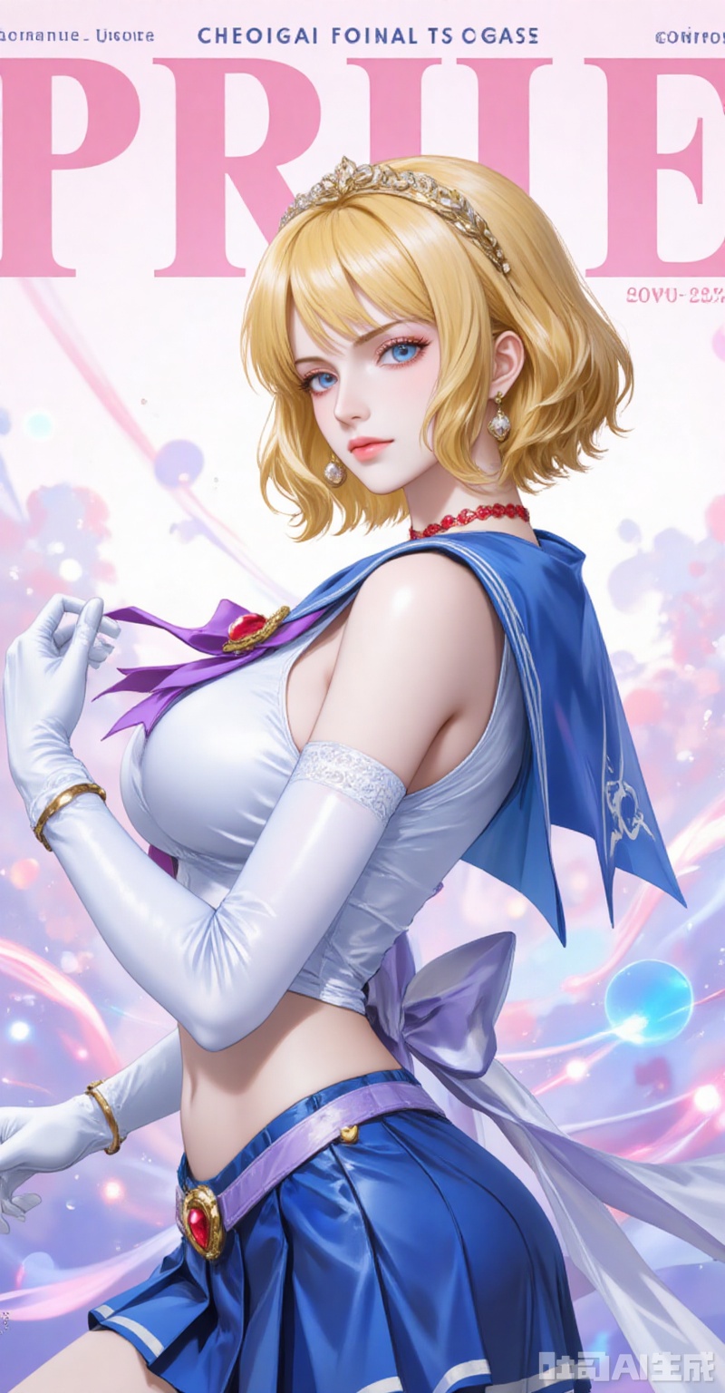 lvjing,pifu,Stussy\(one piece\),blonde hair,blue eyes,short hair,fair_skin,jewelry,earrings,necklace,fair_skin,
1girl,sailor senshi uniform,solo,jewelry,skirt,gloves,earrings,blue skirt,white gloves,sailor collar,bow,breasts,choker,elbow gloves,magical girl,back bow,covered navel,pleated skirt,looking at viewer,brooch,purple bow,heart brooch,red choker,miniskirt,closed mouth,large breasts,collarbone,red gemstone,tiara,cowboy shot,

cover,simple background,gradient_background,Close-up details,outstanding style,adding a touch of dimension to your images without compromising details,close-up,
