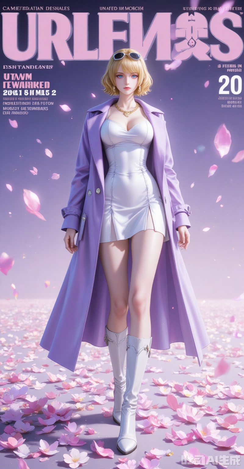 lvjing,pifu,Stussy\(one piece\),blonde hair,blue eyes,short hair,fair_skin,jewelry,earrings,necklace,fair_skin,
1girl,eyewear on head,solo,sunglasses,high heels,dress,smile,full body,petals,coat,breasts,boots,short dress,purple coat,looking at viewer,high heel boots,long sleeves,white dress,standing,

cover,simple background,gradient_background,Close-up details,outstanding style,adding a touch of dimension to your images without compromising details,close-up,
