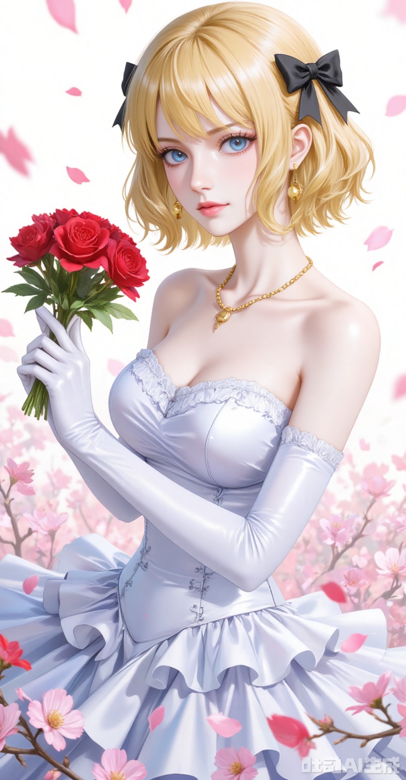 lvjing,pifu,Stussy\(one piece\),blonde hair,blue eyes,short hair,fair_skin,jewelry,earrings,necklace,fair_skin,
elbow_gloves,frilled_skirt,holding_bouquet,highres,cherry_blossoms,strapless_dress,white_gloves,looking_at_viewer,red_flower,solo,collarbone,own_hands_together,:d,white_background,backlighting,black_bow,bare_shoulders,frilled_dress,hair_bow,wedding_dress,commentary_request,1girl,petals,simple_background,blush,cowboy_shot,

cover,simple background,gradient_background,Close-up details,outstanding style,adding a touch of dimension to your images without compromising details,close-up,
