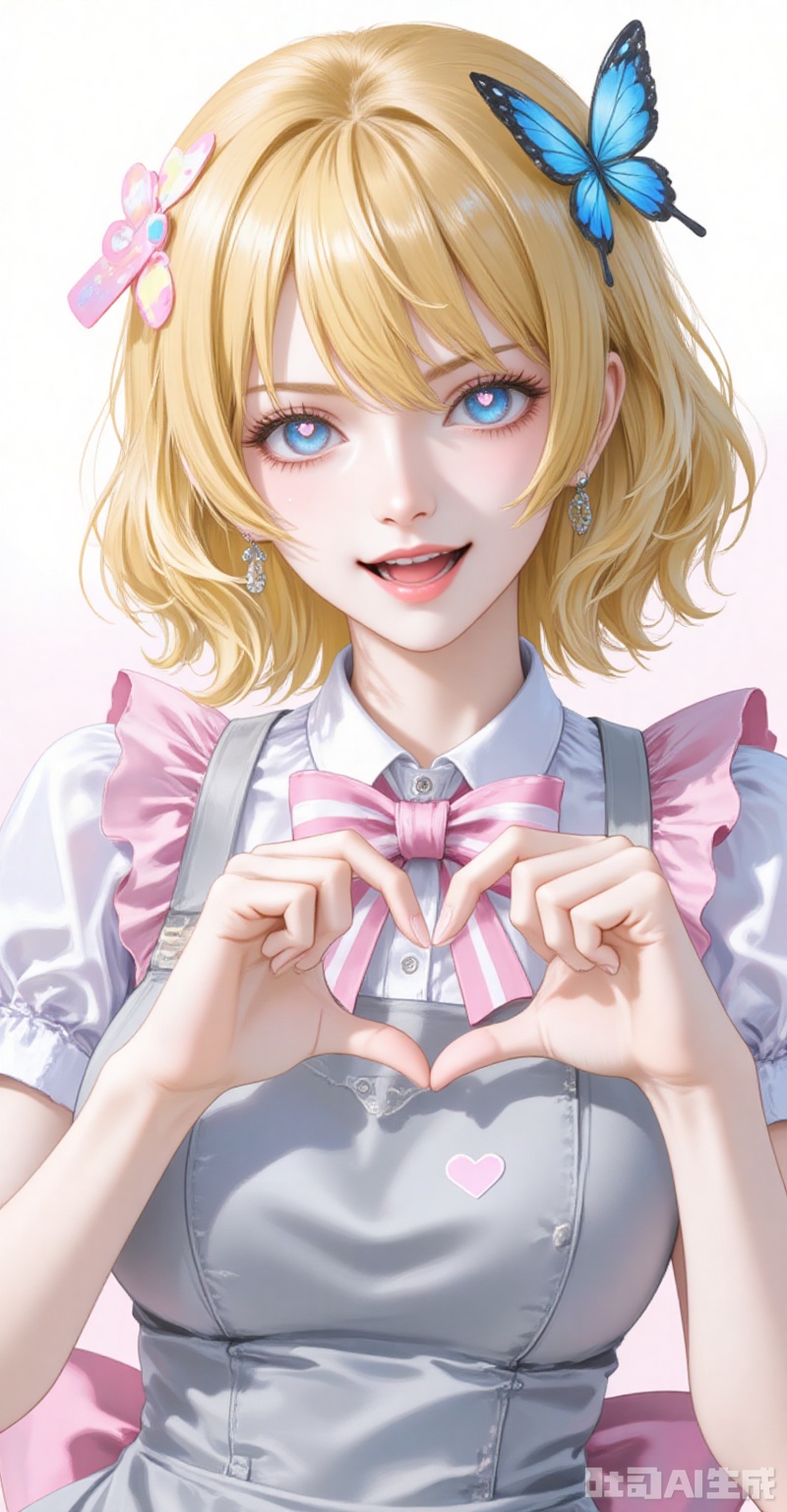 lvjing,pifu,Stussy\(one piece\),blonde hair,blue eyes,short hair,fair_skin,jewelry,earrings,necklace,fair_skin,
1girl,solo,bandaid on hand,butterfly hair ornament,heart,long hair,apron,open mouth,pink bowtie,hair ornament,white background,pink bow,short sleeves,dress,simple background,bow,striped bow,hair between eyes,shadow,puffy sleeves,frills,puffy short sleeves,heart hands,bowtie,hands up,grey apron,smile,looking at viewer,striped bowtie,symbol-shaped pupils,heart-shaped pupils,symbol in eye,grey bow,

cover,simple background,gradient_background,Close-up details,outstanding style,adding a touch of dimension to your images without compromising details,close-up,
