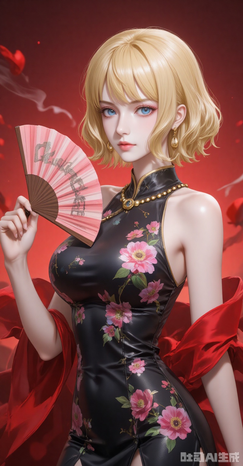 lvjing,pifu,Stussy\(one piece\),blonde hair,blue eyes,short hair,fair_skin,jewelry,earrings,necklace,fair_skin,
1girl,dress,hand fan,holding,solo,earrings,jewelry,chinese clothes,china dress,black dress,holding fan,floral print,blurry,sleeveless,looking at viewer,sleeveless dress,red background,folding fan,standing,head tilt,2,

cover,simple background,gradient_background,Close-up details,outstanding style,adding a touch of dimension to your images without compromising details,close-up,
