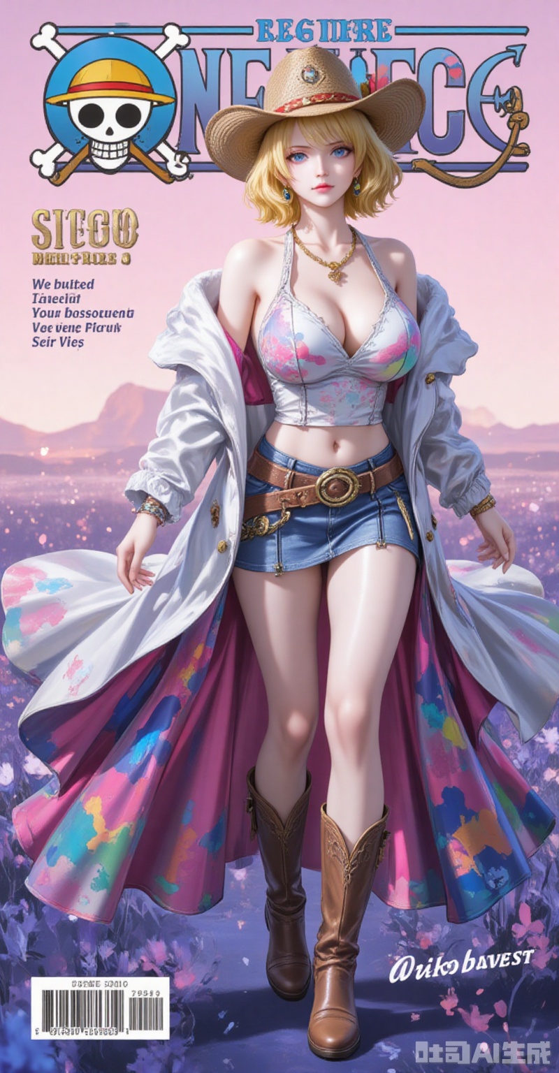 lvjing,pifu,Stussy\(one piece\),blonde hair,blue eyes,short hair,fair_skin,jewelry,earrings,necklace,fair_skin,
1girl,solo,cowboy hat,breasts,hat,midriff,skirt,miniskirt,boots,large breasts,crop top,coat,cleavage,navel,cowboy western,

cover,simple background,gradient_background,Close-up details,outstanding style,adding a touch of dimension to your images without compromising details,close-up,
