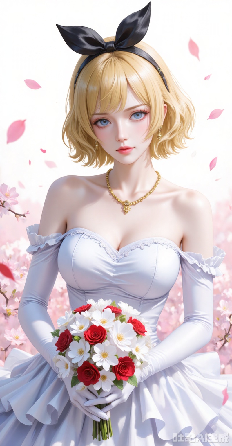 lvjing,pifu,Stussy\(one piece\),blonde hair,blue eyes,short hair,fair_skin,jewelry,earrings,necklace,fair_skin,
elbow_gloves,frilled_skirt,holding_bouquet,highres,cherry_blossoms,strapless_dress,white_gloves,looking_at_viewer,red_flower,solo,collarbone,own_hands_together,:d,white_background,backlighting,black_bow,bare_shoulders,frilled_dress,hair_bow,wedding_dress,commentary_request,1girl,petals,simple_background,blush,cowboy_shot,

cover,simple background,gradient_background,Close-up details,outstanding style,adding a touch of dimension to your images without compromising details,close-up,
