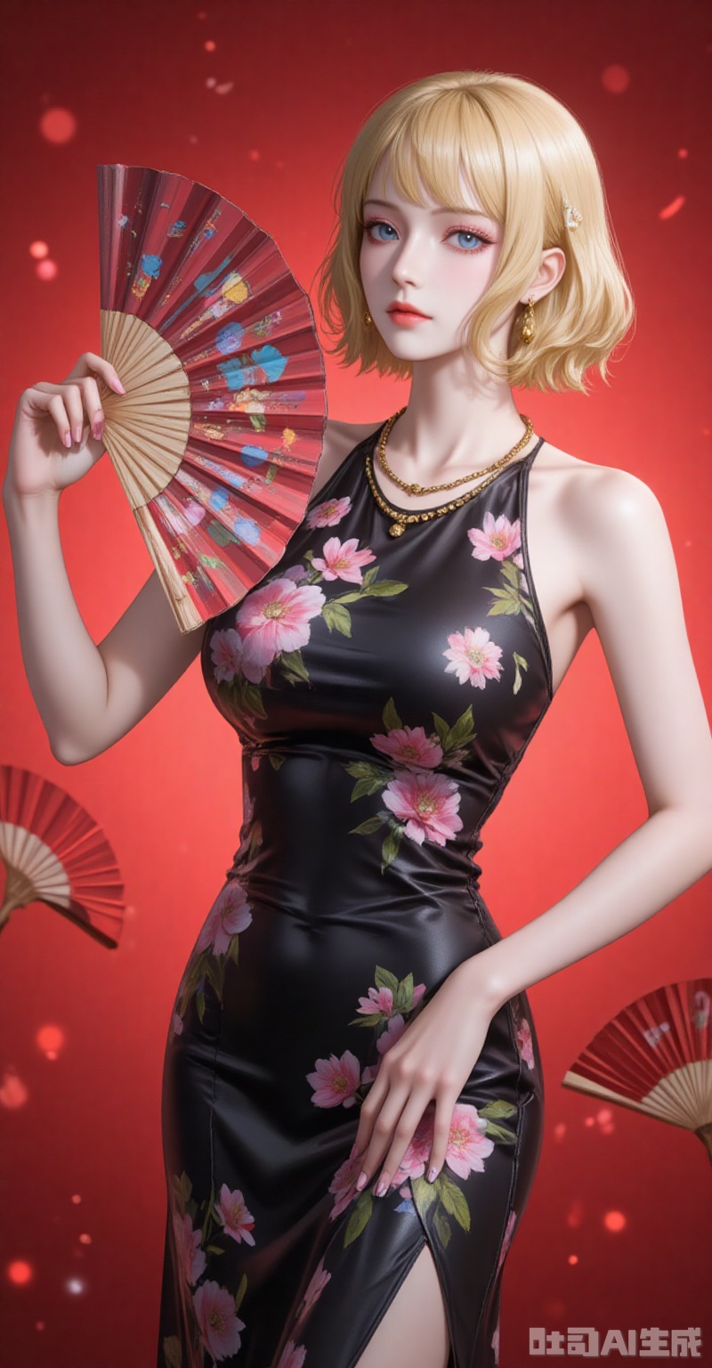 lvjing,pifu,Stussy\(one piece\),blonde hair,blue eyes,short hair,fair_skin,jewelry,earrings,necklace,fair_skin,
1girl,dress,hand fan,holding,solo,earrings,jewelry,chinese clothes,china dress,black dress,holding fan,floral print,blurry,sleeveless,looking at viewer,sleeveless dress,red background,folding fan,standing,head tilt,2,

cover,simple background,gradient_background,Close-up details,outstanding style,adding a touch of dimension to your images without compromising details,close-up,
