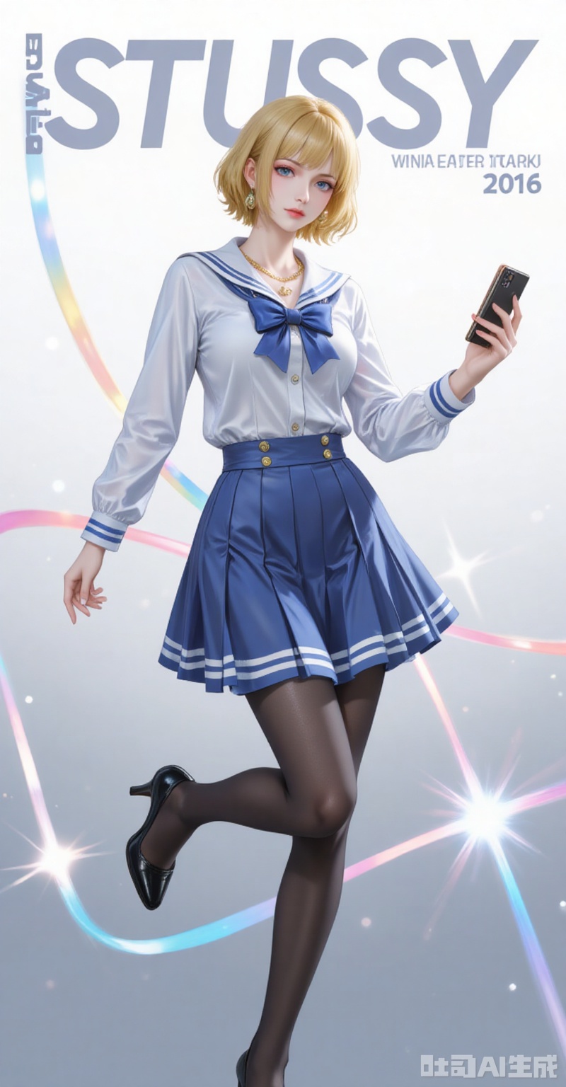 lvjing,pifu,Stussy\(one piece\),blonde hair,blue eyes,short hair,fair_skin,jewelry,earrings,necklace,fair_skin,
1girl, pantyhose, solo, school uniform, skirt, phone, selfie, cellphone, serafuku, smartphone, holding phone, black pantyhose, high heels, full body, holding, bow, crossed legs, standing, 3/4 view,

cover,simple background,gradient_background,Close-up details,outstanding style,adding a touch of dimension to your images without compromising details,close-up,
