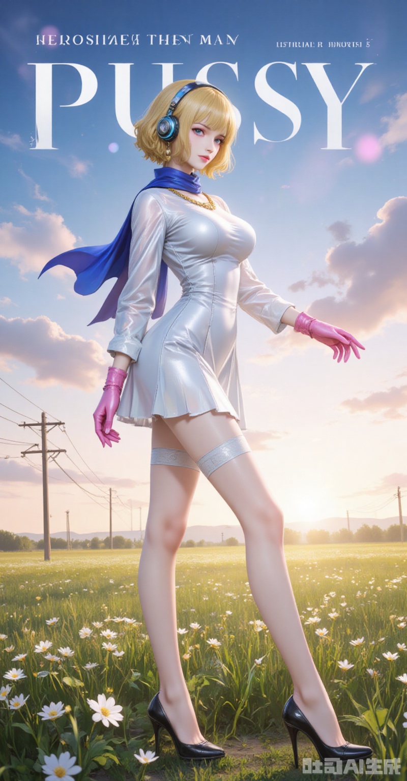 lvjing,pifu,Stussy\(one piece\),blonde hair,blue eyes,short hair,fair_skin,jewelry,earrings,necklace,fair_skin,
1girl,solo,high heels,breasts,sky,dress,outdoors,looking at viewer,gloves,full body,cloud,pink gloves,headphones,blue scarf,short dress,black footwear,standing,sunset,grass,long sleeves,closed mouth,hair ornament,legs,power lines,thigh strap,hairclip,from_side,
cover,simple background,gradient_background,Close-up details,outstanding style,adding a touch of dimension to your images without compromising details,close-up,
