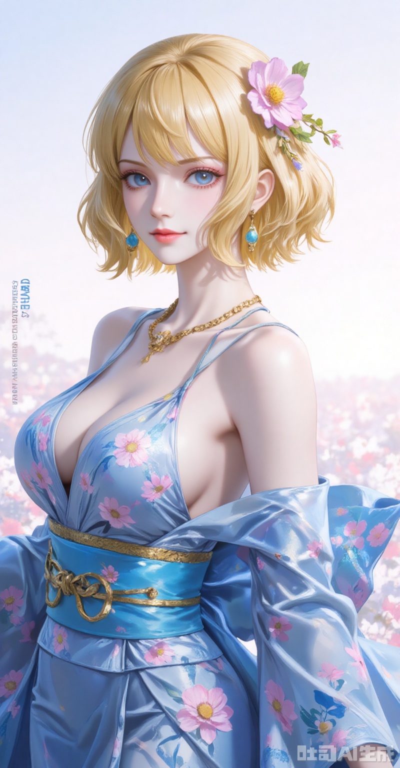 lvjing,pifu,Stussy\(one piece\),blonde hair,blue eyes,short hair,fair_skin,jewelry,earrings,necklace,fair_skin,
1girl,breasts,solo,japanese clothes,hair ornament,kimono,flower,hair flower,sash,blue kimono,large breasts,choker,looking at viewer,cleavage,bare shoulders,obi,off shoulder,earrings,smile,jewelry,floral print,closed mouth,makeup,from side,long sleeves,
cover,simple background,gradient_background,Close-up details,outstanding style,adding a touch of dimension to your images without compromising details,close-up,
