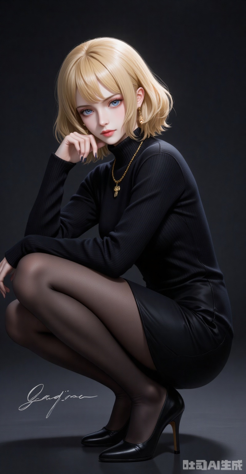 lvjing,pifu,Stussy\(one piece\),blonde hair,blue eyes,short hair,fair_skin,jewelry,earrings,necklace,fair_skin,
1girl,solo,pantyhose,high heels,looking at viewer,black footwear,squatting,sweater,quad tails,full body,parted lips,black sweater,earrings,signature,black nails,long sleeves,parted bangs,jewelry,pencil skirt,skirt,bangs,turtleneck,nail polish,black pantyhose,dress,(Black background:1.2),simple background,
cover,simple background,gradient_background,Close-up details,outstanding style,adding a touch of dimension to your images without compromising details,close-up,
