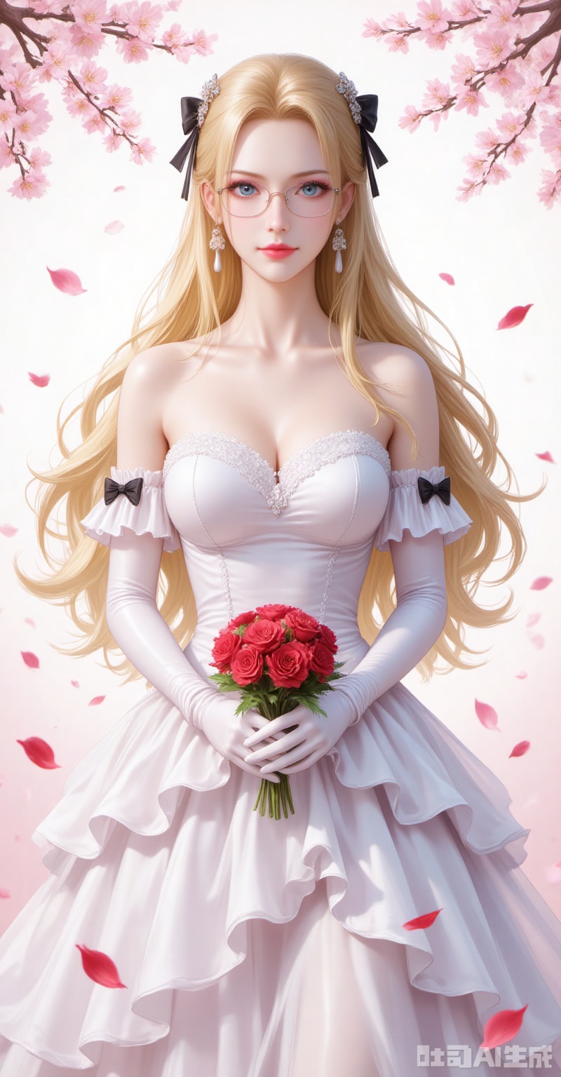 lvjing,pifu,kalifa,lblonde hair,blue eyes,long hair,glasses,big breasts,fair_skin,
elbow_gloves,frilled_skirt,holding_bouquet,highres,cherry_blossoms,strapless_dress,white_gloves,looking_at_viewer,red_flower,solo,collarbone,own_hands_together,:d,white_background,backlighting,black_bow,bare_shoulders,frilled_dress,hair_bow,wedding_dress,commentary_request,1girl,petals,simple_background,blush,cowboy_shot,
cover,simple background,gradient_background,Close-up details,outstanding style,adding a touch of dimension to your images without compromising details,close-up,
