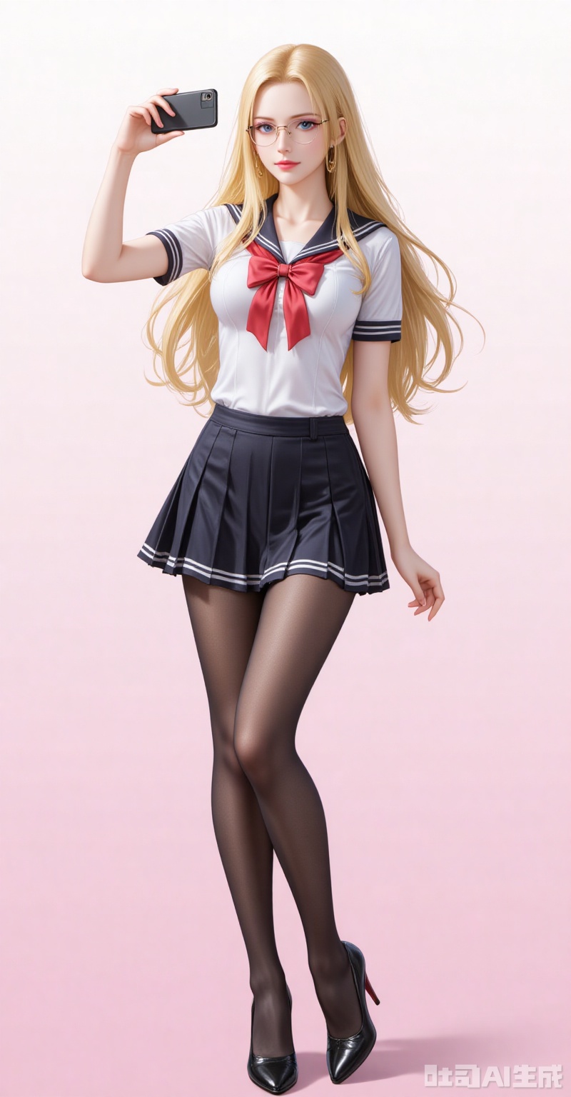 lvjing,pifu,kalifa,lblonde hair,blue eyes,long hair,glasses,big breasts,fair_skin,
1girl, pantyhose, solo, school uniform, skirt, phone, selfie, cellphone, serafuku, smartphone, holding phone, black pantyhose, high heels, full body, holding, bow, crossed legs, standing, 3/4 view,
cover them up slut (meme),simple background,gradient_background,Close-up details,outstanding style,adding a touch of dimension to your images without compromising details,close-up,
