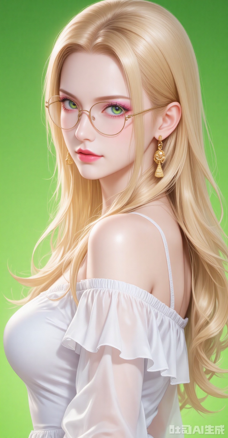 lvjing,pifu,kalifa,lblonde hair,blue eyes,long hair,glasses,big breasts,fair_skin,
1girl,jewelry,earrings,solo,green eyes,blonde hair,long hair,looking at viewer,glasses,green background,makeup,upper body,bare shoulders,dress,breasts,simple background,round eyewear,parted lips,looking back,mole,off shoulder,mole under eye,eyeshadow,lips,white dress,from behind,eyelashes,lipstick,back,off-shoulder dress,shirt,
cover them up slut (meme),simple background,gradient_background,Close-up details,outstanding style,adding a touch of dimension to your images without compromising details,close-up,
