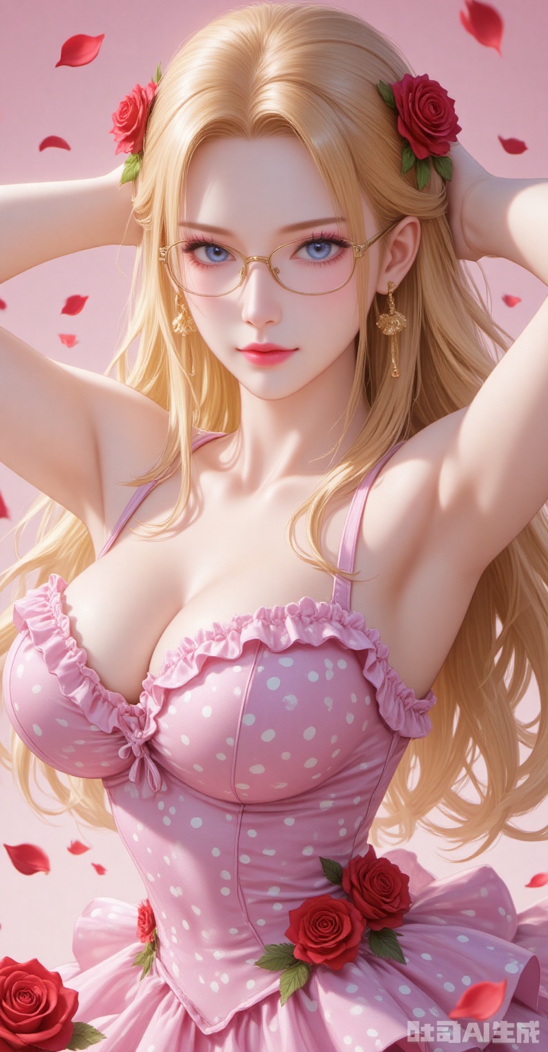 lvjing,pifu,kalifa,lblonde hair,blue eyes,long hair,glasses,big breasts,fair_skin,
1girl, breasts, solo, polka dot, flower, dress, rose, polka dot dress, large breasts, red flower, armpits, petals, red rose, arms up, sideboob, sleeveless, frills, rose petals,
cover,simple background,gradient_background,Close-up details,outstanding style,adding a touch of dimension to your images without compromising details,close-up,
