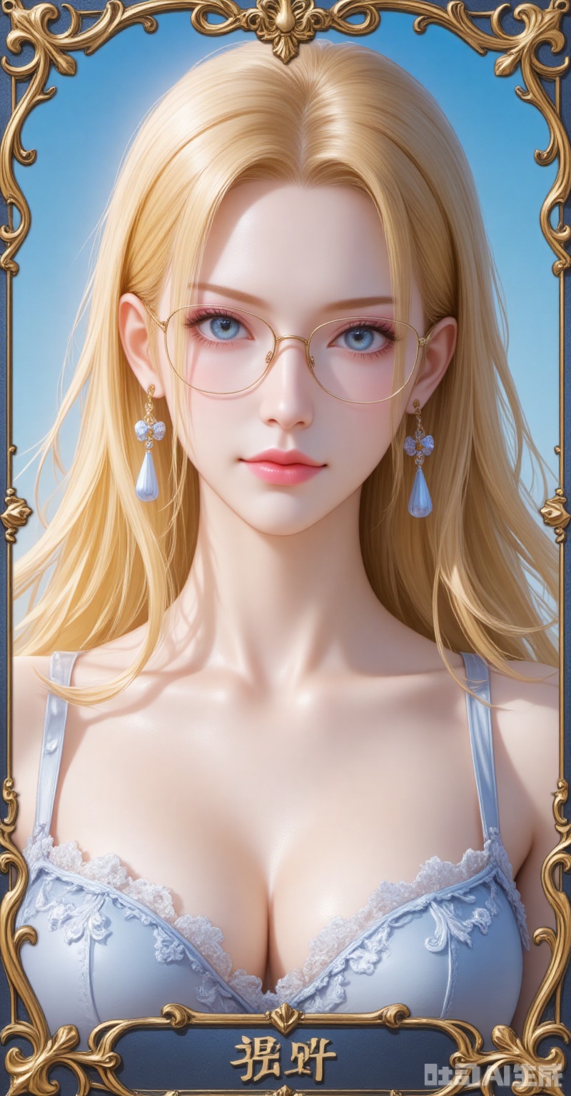 lvjing,pifu,kalifa,lblonde hair,blue eyes,long hair,glasses,big breasts,fair_skin,
1girl,solo,earrings,jewelry,looking at viewer,breasts,tarot,collarbone,upper body,dress,closed mouth,card \(medium\),tarot \(medium\),frills,border,cover,simple background,gradient_background,Close-up details,outstanding style,adding a touch of dimension to your images without compromising details,close-up,
