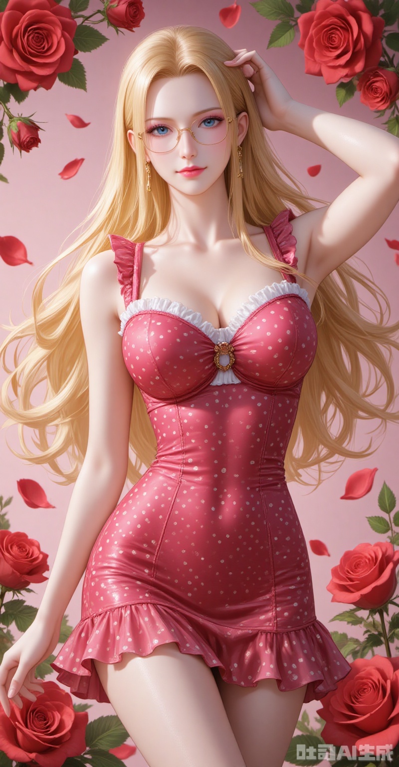 lvjing,pifu,kalifa,lblonde hair,blue eyes,long hair,glasses,big breasts,fair_skin,
1girl, breasts, solo, polka dot, flower, dress, rose, polka dot dress, large breasts, red flower, armpits, petals, red rose, arms up, sideboob, sleeveless, frills, rose petals,
cover,simple background,gradient_background,Close-up details,outstanding style,adding a touch of dimension to your images without compromising details,close-up,
