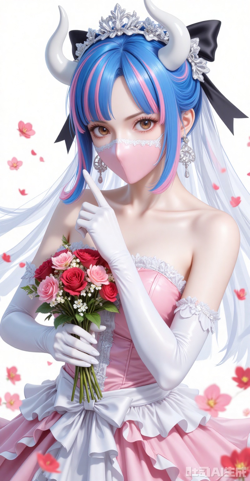 lvjing,pifu,Ulti\(one piece\),lvjing,baoshi,lvjing,blue hair,two-tone hair,pink hair,brown eyes,horns,white horn,mouth_mask,fair_skin,
elbow_gloves,frilled_skirt,holding_bouquet,highres,cherry_blossoms,strapless_dress,white_gloves,looking_at_viewer,red_flower,solo,collarbone,own_hands_together,:d,white_background,backlighting,black_bow,bare_shoulders,frilled_dress,hair_bow,wedding_dress,commentary_request,1girl,petals,simple_background,blush,cowboy_shot,
cover,simple background,gradient_background,Close-up details,outstanding style,adding a touch of dimension to your images without compromising details,close-up,
