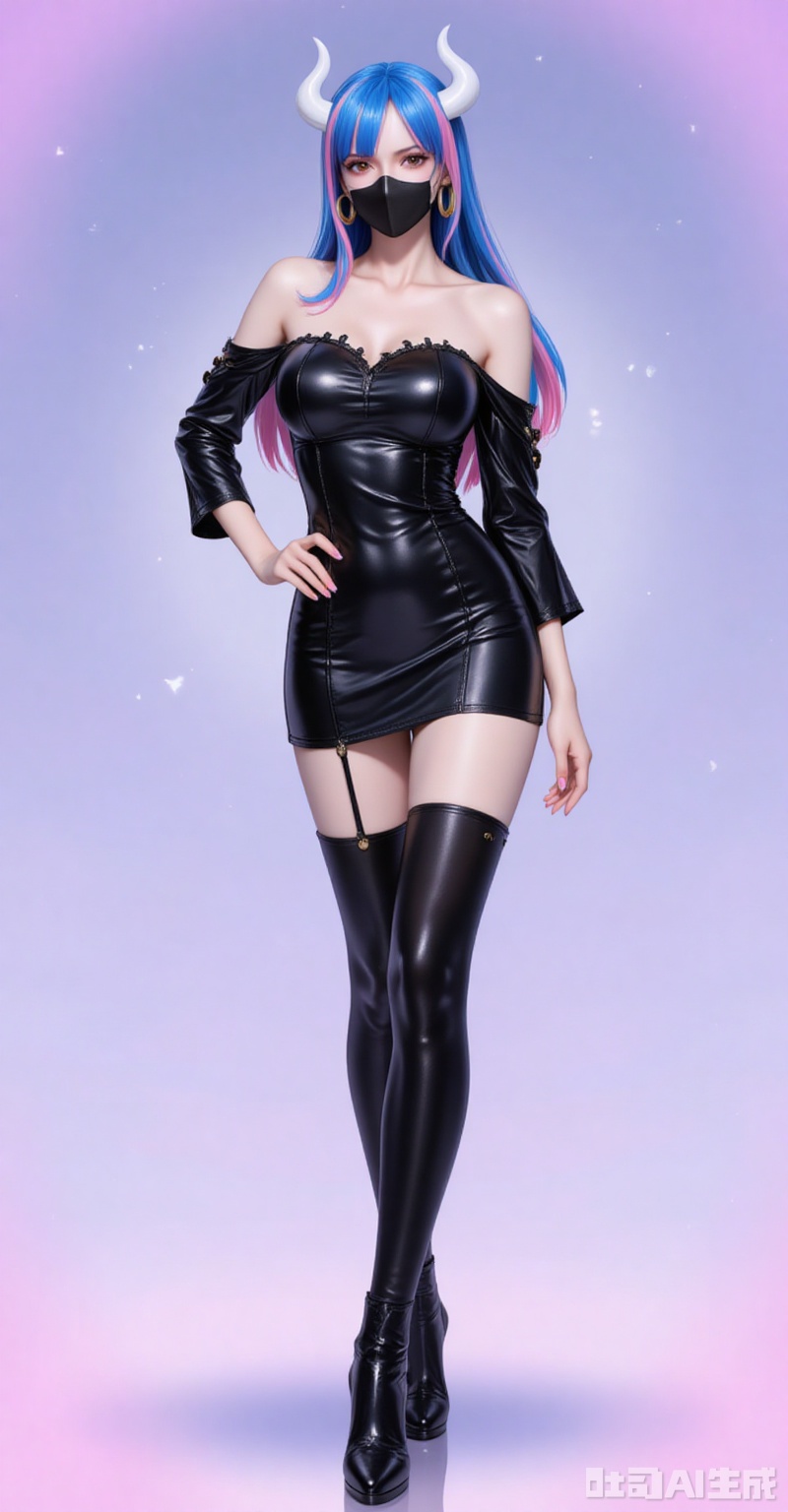 lvjing,pifu,Ulti\(one piece\),lvjing,baoshi,lvjing,blue hair,two-tone hair,pink hair,brown eyes,horns,white horn,mouth_mask,fair_skin,
1girl,solo,dress,earrings,jewelry,boots,long hair,hand on own hip,thigh boots,full body,black footwear,latex,black dress,detached sleeves,bare shoulders,strapless,short dress,thighhighs,shiny clothes,looking at viewer,strapless dress,standing,hoop earrings,breasts,nail polish,high heels,leather,pencil dress,high heel boots,
cover,simple background,gradient_background,Close-up details,outstanding style,adding a touch of dimension to your images without compromising details,close-up,
