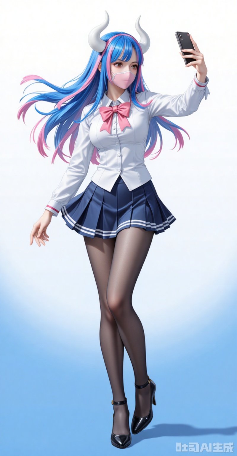 lvjing,pifu,Ulti\(one piece\),lvjing,baoshi,lvjing,blue hair,two-tone hair,pink hair,brown eyes,horns,white horn,mouth_mask,fair_skin,
1girl, pantyhose, solo, school uniform, skirt, phone, selfie, cellphone, serafuku, smartphone, holding phone, black pantyhose, high heels, full body, holding, bow, crossed legs, standing, 3/4 view,
cover,simple background,gradient_background,Close-up details,outstanding style,adding a touch of dimension to your images without compromising details,close-up,

