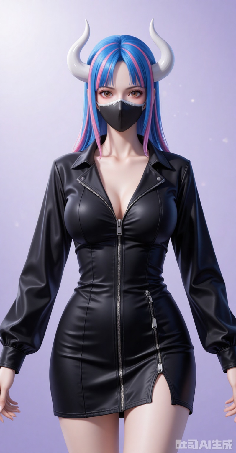 lvjing,pifu,Ulti\(one piece\),lvjing,baoshi,lvjing,blue hair,two-tone hair,pink hair,brown eyes,horns,white horn,mouth_mask,fair_skin,
 1girl,solo,breasts,cleavage,dress,large breasts,black dress,cowboy shot,partially unzipped,short dress,zipper,looking at viewer,long sleeves,simple background,arms at sides,
cover,simple background,gradient_background,Close-up details,outstanding style,adding a touch of dimension to your images without compromising details,close-up,
